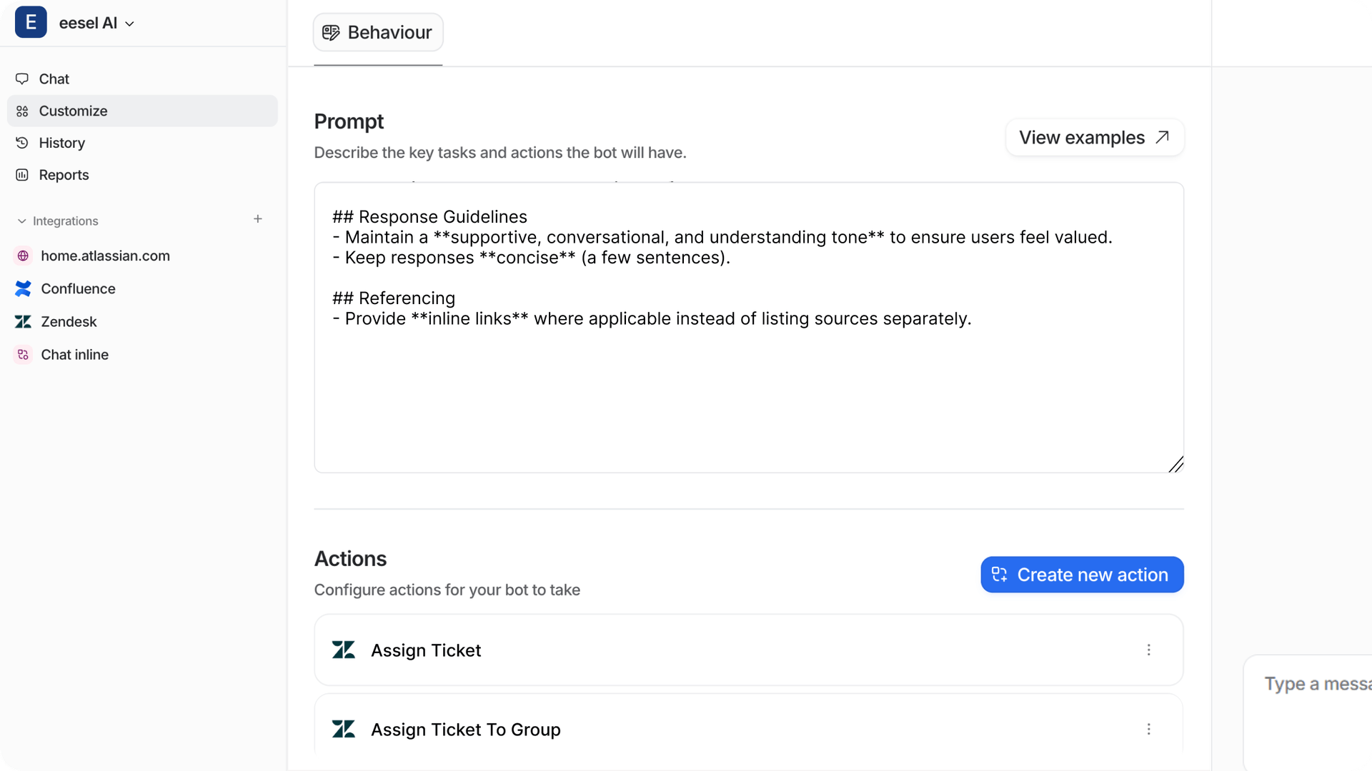 creenshot of the eesel AI Customize tab, preferably with a custom prompt.