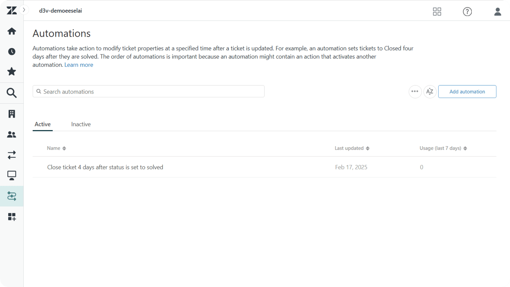 Zendeskのチケット自動化ページ。