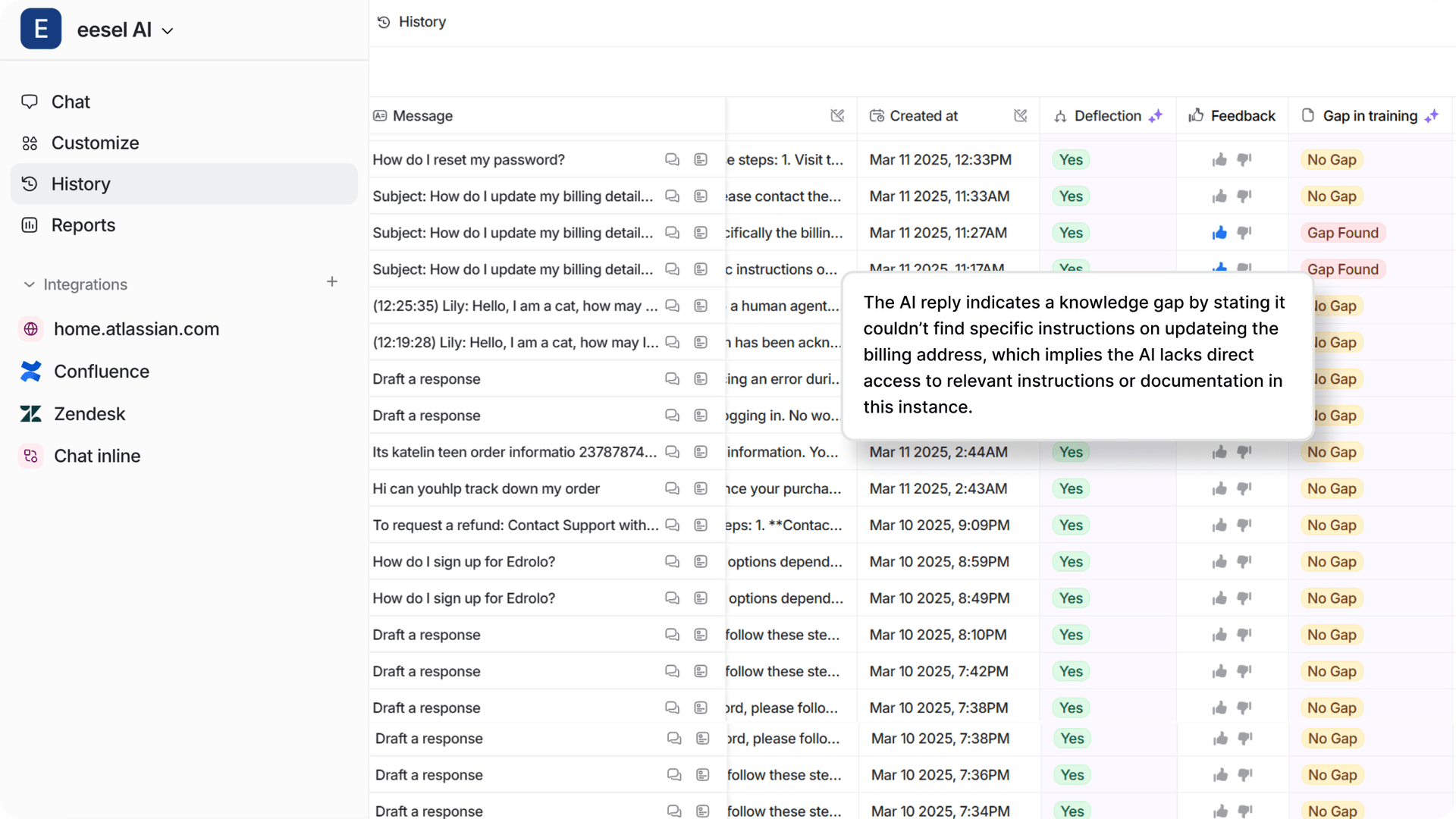 Screenshot of eesel AI history page showing knowledge gaps, displaying content recommendations and suggestions to gaps. The interface highlights areas needing attention and suggests specific article improvements.