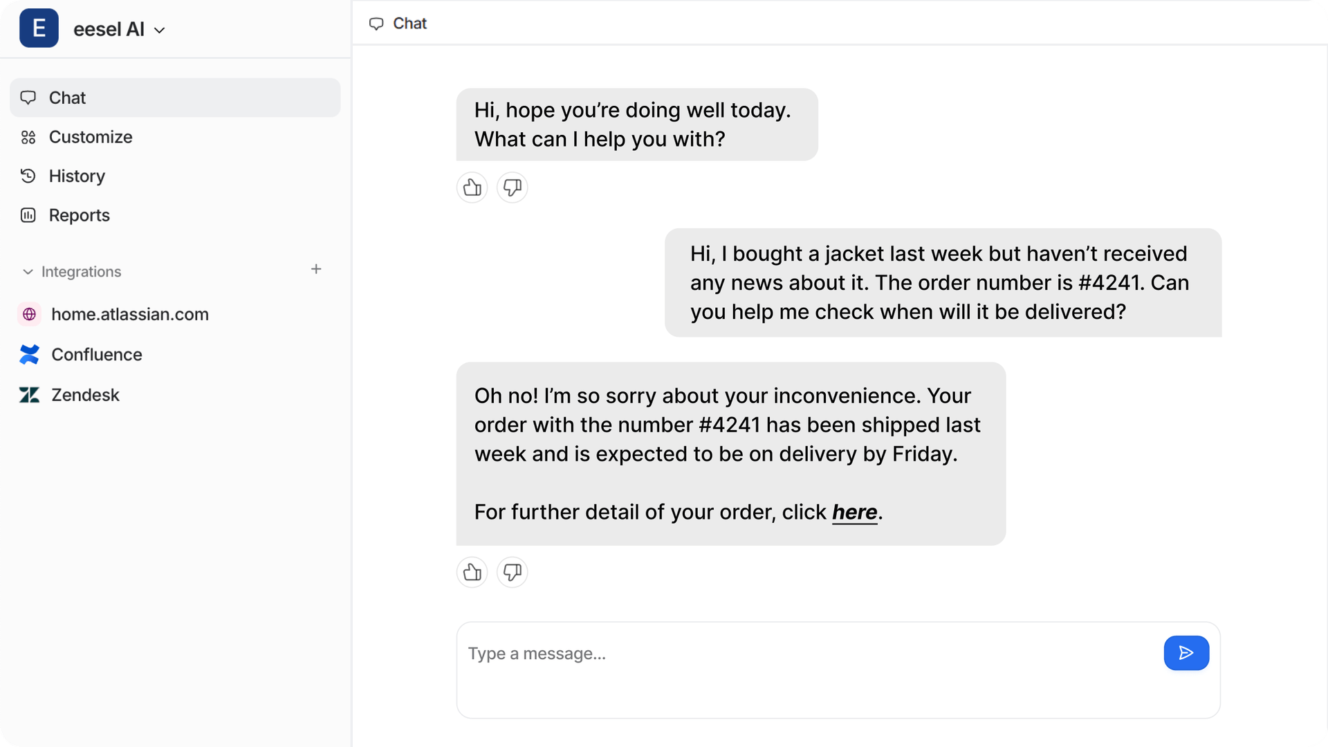 A screenshot of eesel AI agent retrieving order information for a delivery during a conversation.