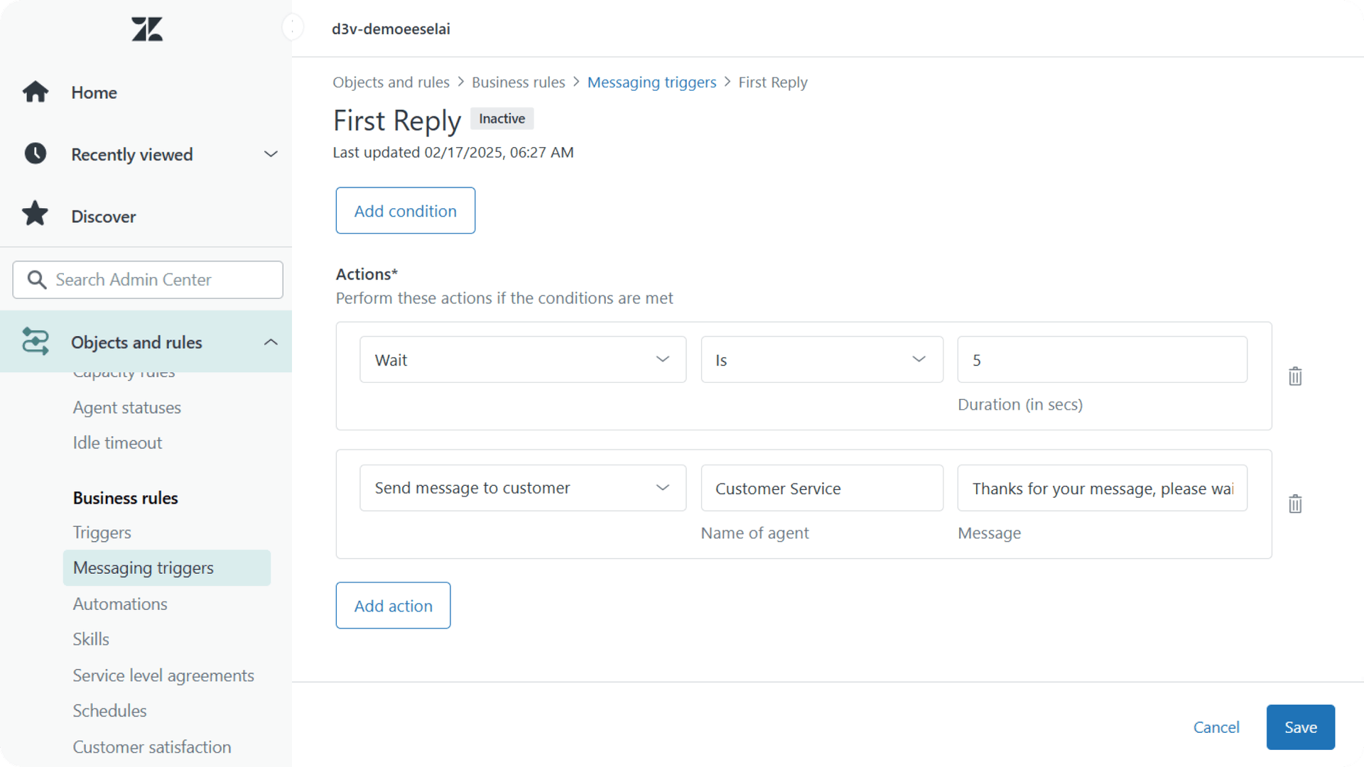 Screenshot of Zendesk template configuration screen showing the template editor interface with fields for response body, variables, and formatting options