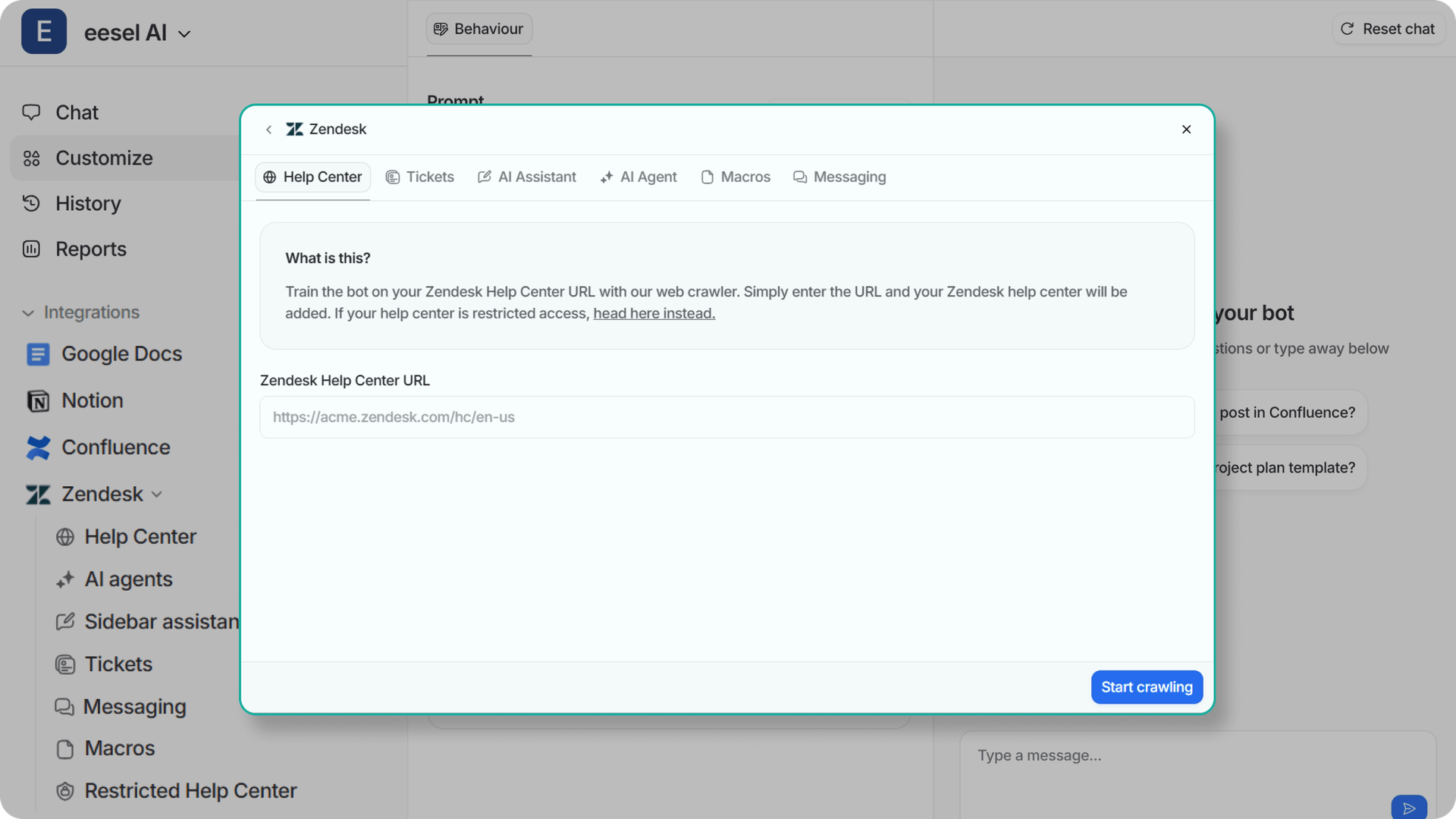 Screenshot of eesel showing Zendesk integration panel