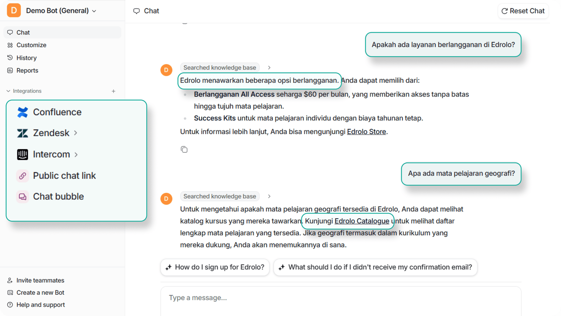 Screenshot: eesel AI dashboard highlighting: - Expanded language support - Multi-intent classification capabilities - Minimal training data requirements
