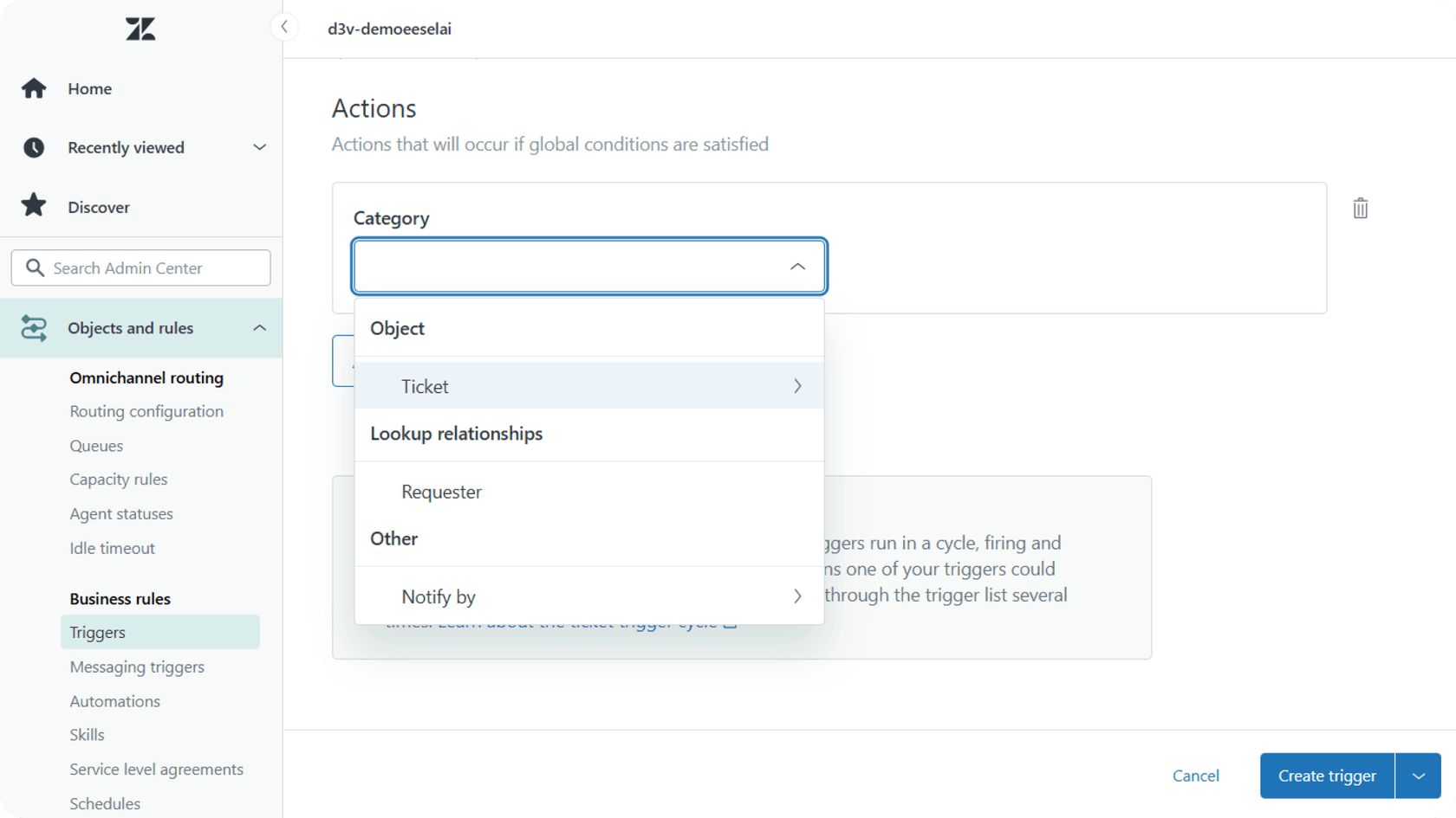 Automatisierungseinstellung für Zendesk-Trigger zur Auswahl von Kategorien für das entsprechende Ticket-Tagging.