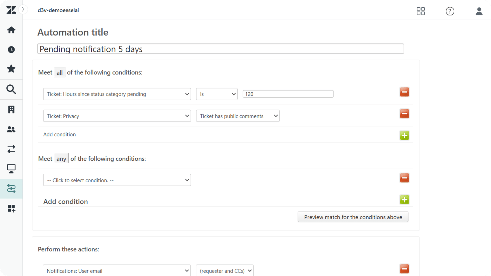 Zendeskの自動化タイトルページでAIの応答を設定します。