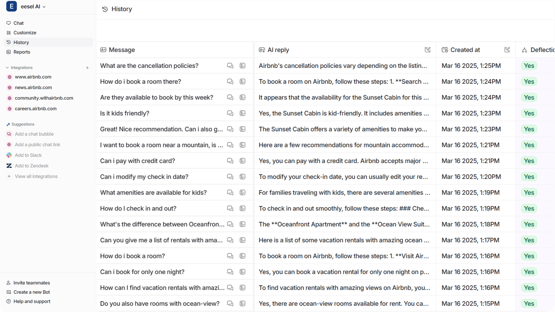 Screenshot of eesel AI dashboard chat history tab with various questions/messages related to bookings and other guest related questions.