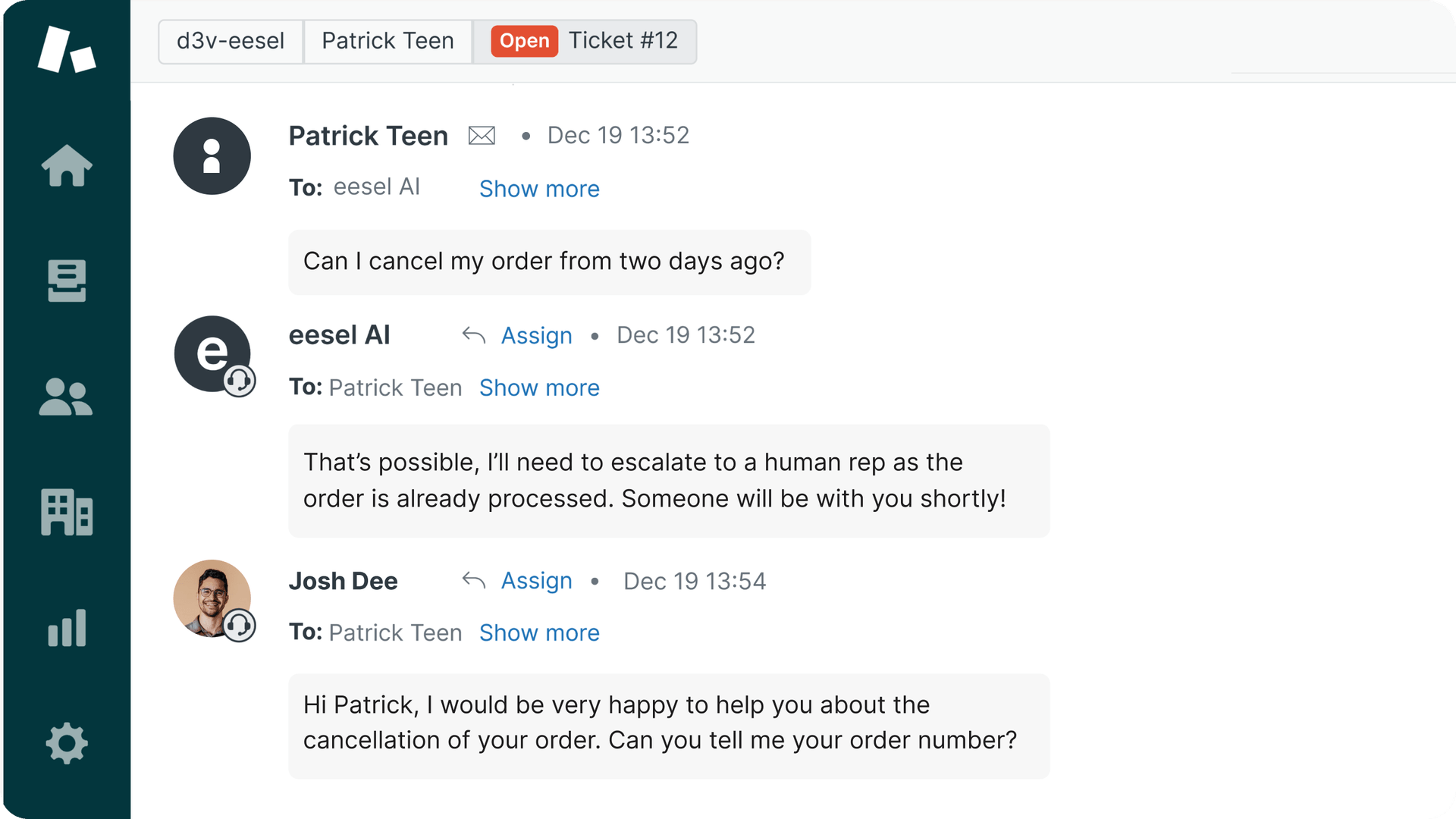 A screenshot showing the eesel AI agent escalating a ticket to a human agent during a conversation