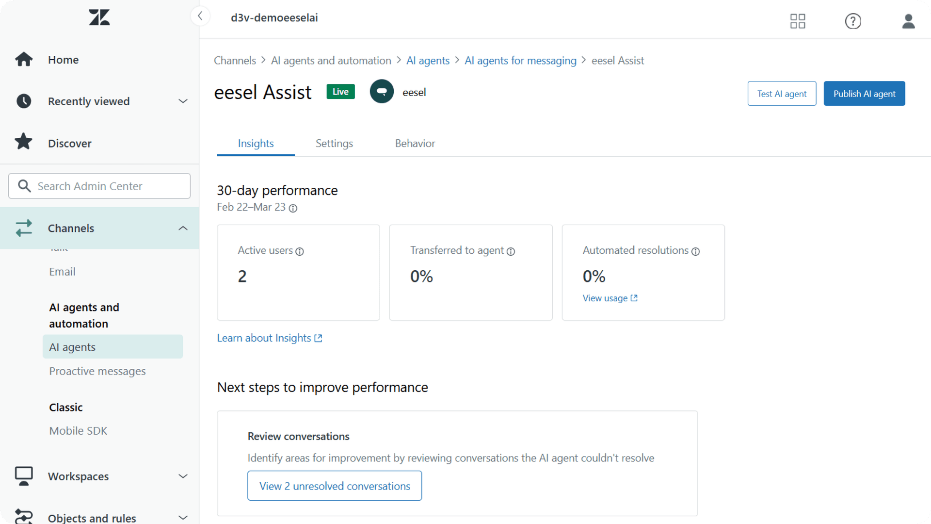 Screenshot of Zendesk insights dashboard showing 30-day performance on active users, tickets transferred to agents, and automated resolutions.
