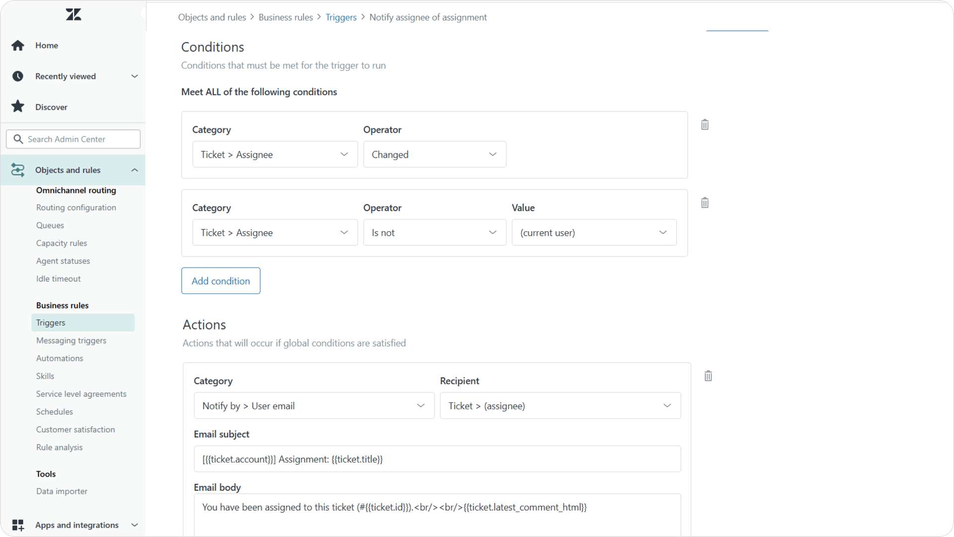Screenshot of Zendesk trigger configuration panel showing condition setup, action mapping, and escalation rule options.