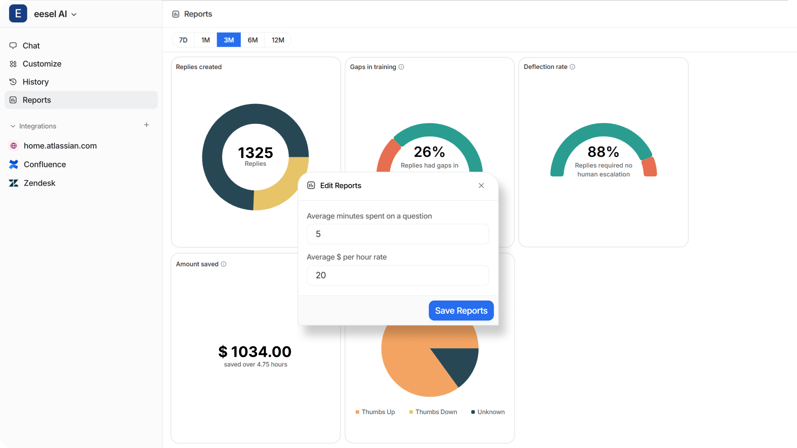 Screenshot of eesel AI’s ROI calculator with thousands of dollars saved.
