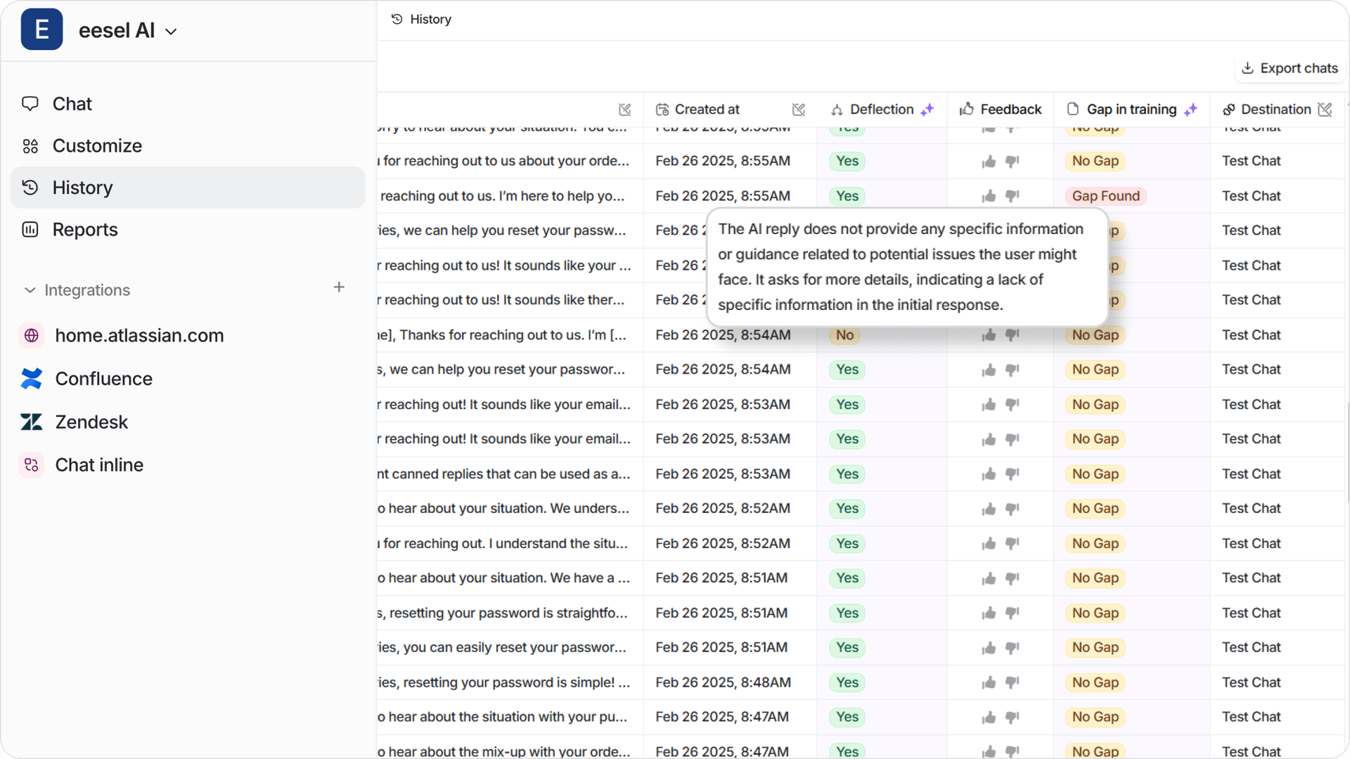 A screenshot of eesel AI's History tab, highlighting knowledge gaps that the AI has discovered and taken note of.