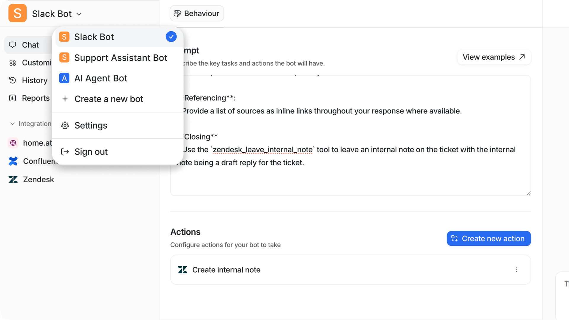 A screenshot of the eesel AI dashboard with the bot selector drop down opened with a Slack bot, Support Assistant bot, and an AI Agent bot.
