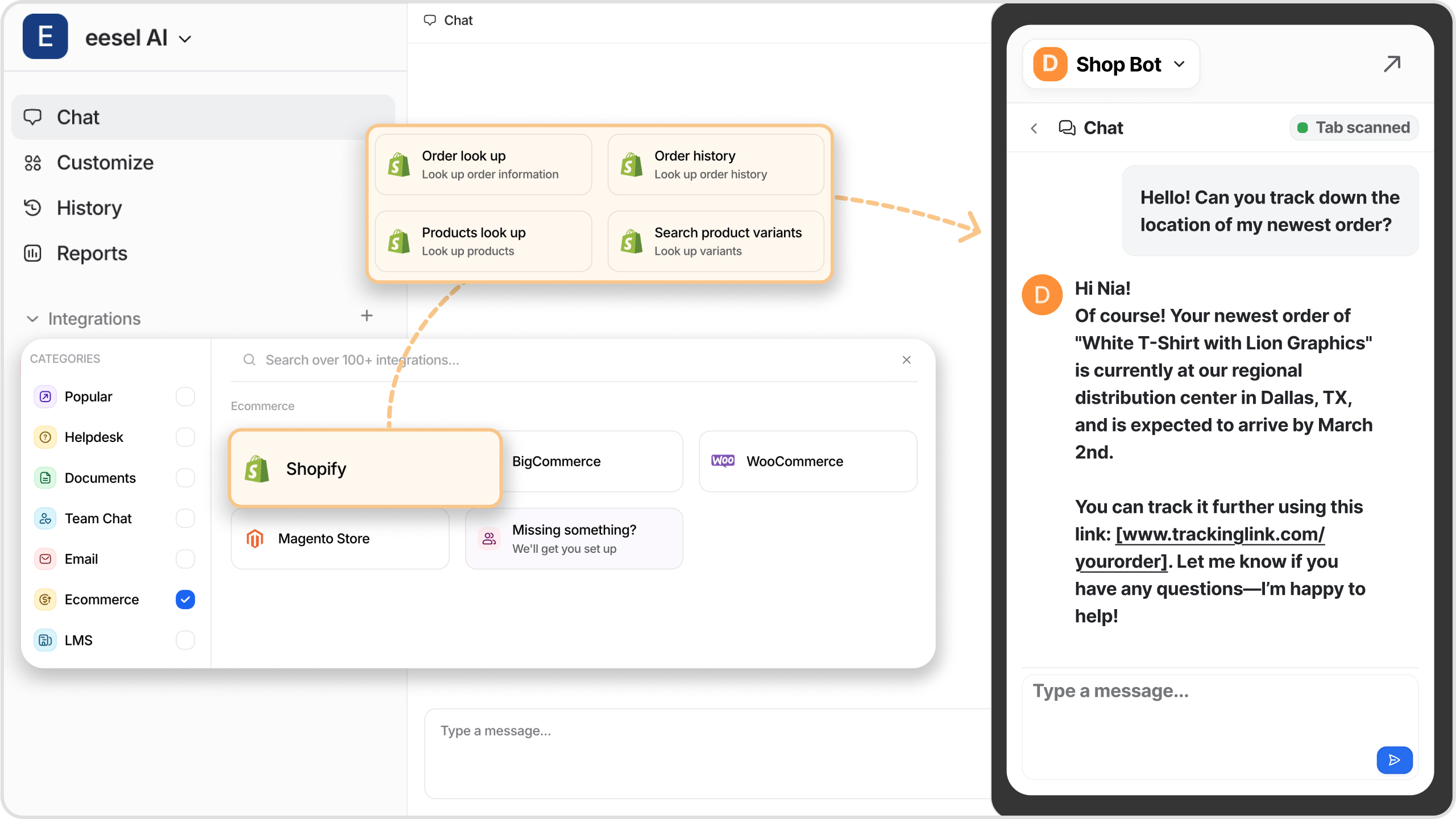 Screenshot showing eesel AI's integration dashboard with highlighted sections for e-commerce platform connectors, knowledge base imports, and API configuration options, while there's a chatbox open and the AI is answering a customer question. The visual demonstrates the straightforward setup process and available integration options.