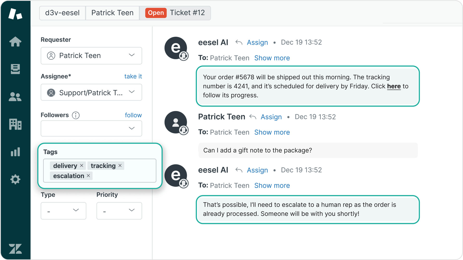 Screenshot of eesel AI chatting inside Zendesk dashboard, tagging, escalating, and finding order information.