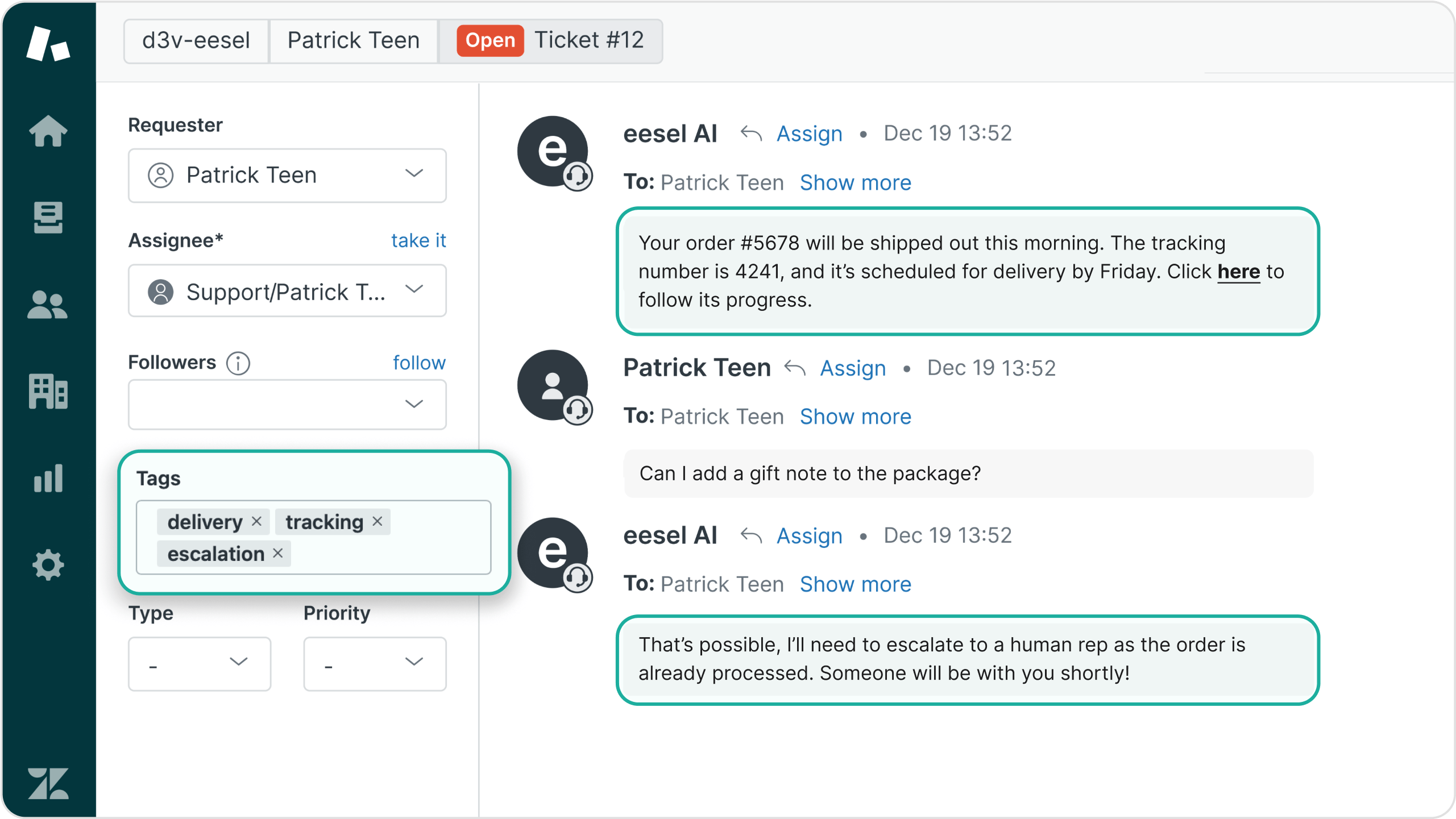 Screenshot of eesel AI chatting inside Zendesk dashboard, tagging, escalating, and finding order information.