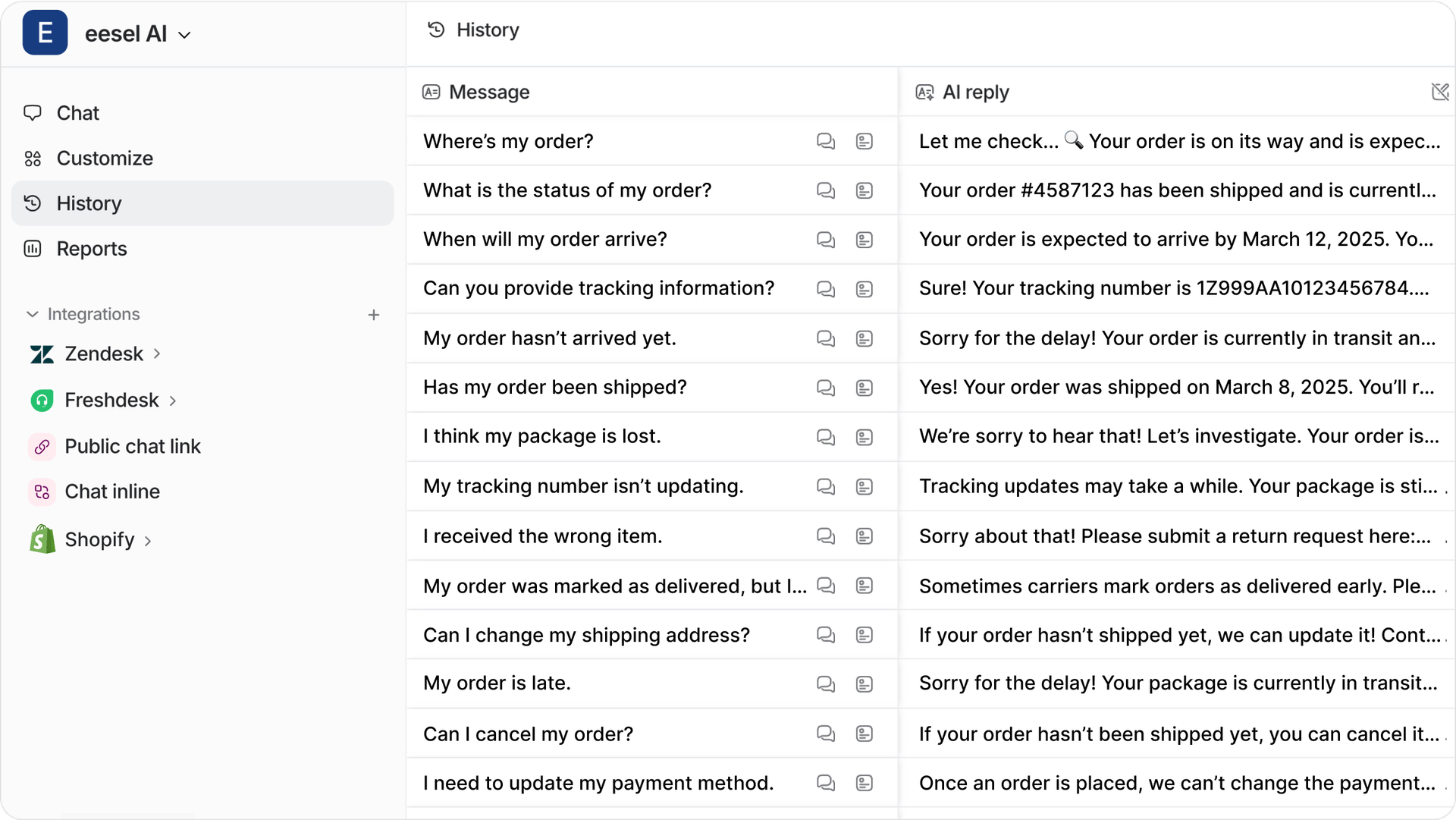 screenshot of eesel AI’s history tab opened with past conversations with customers.