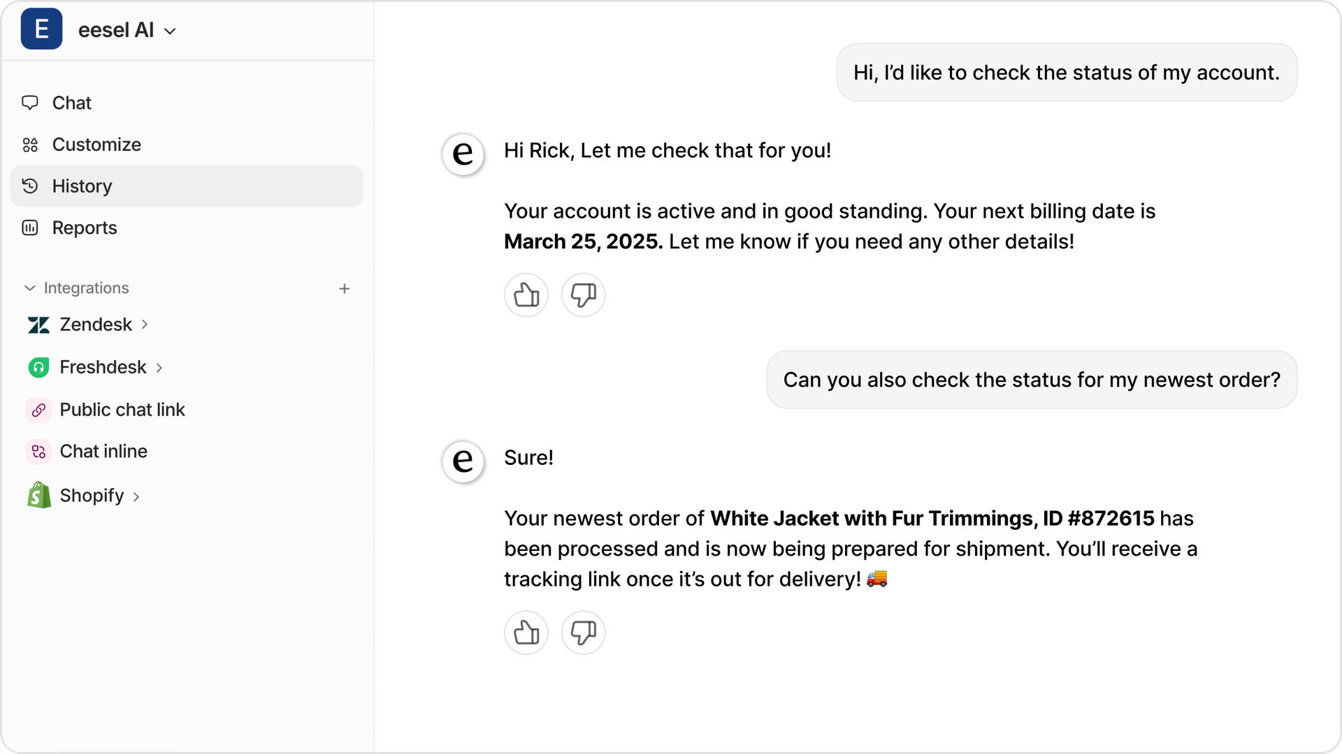 A screenshot of eesel AI's dashboard showing automated responses to customer queries.