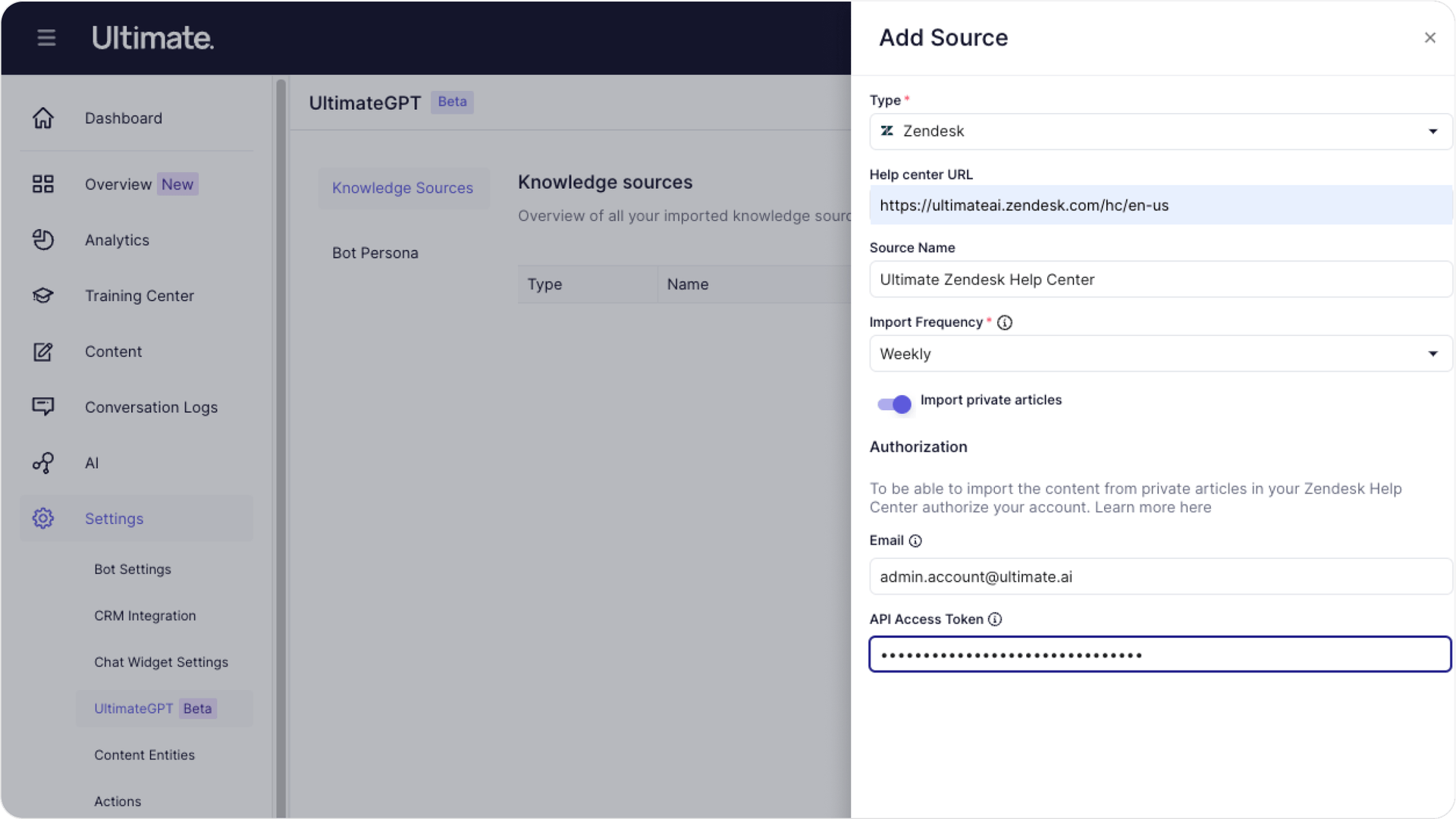 Screenshot of Ultimate's Add Source pop up, showing the type, URL, Source name, Import Frequency, and the email of the account.