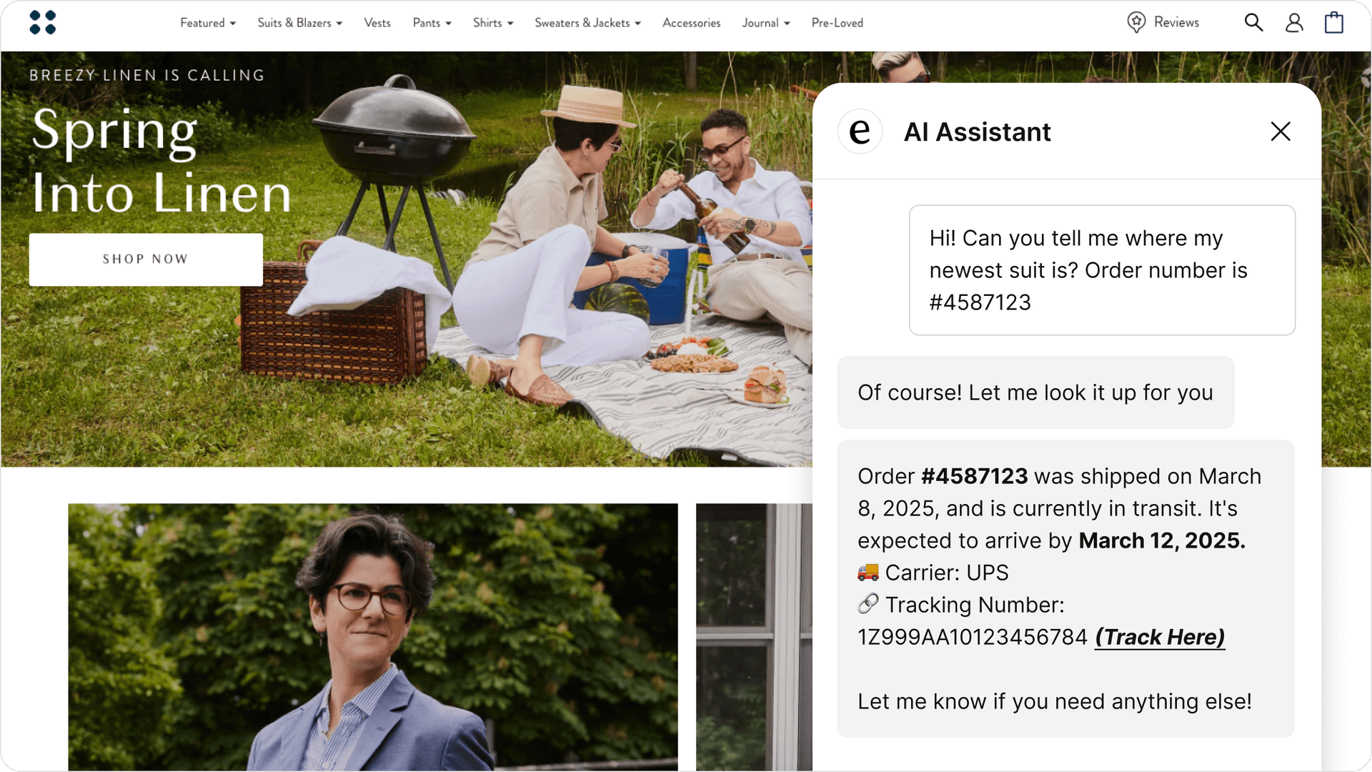 a shopify store with an eesel AI chatbox opened on it and answering a customer question.