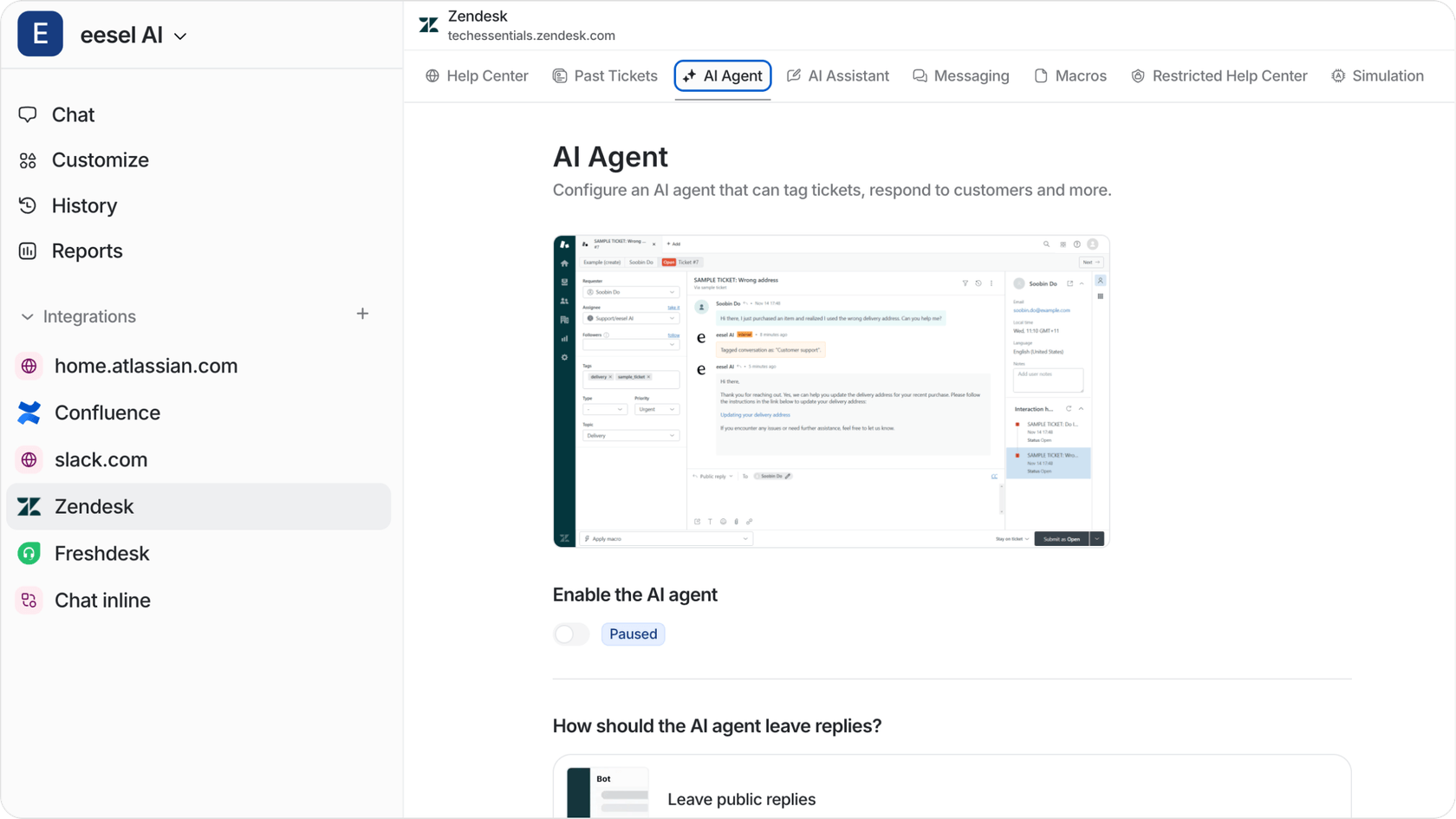 Une capture d'écran du tableau de bord d'intégration d'eesel AI, mettant en évidence spécifiquement Zendesk et la section AI Agent, montrant différents paramètres.
