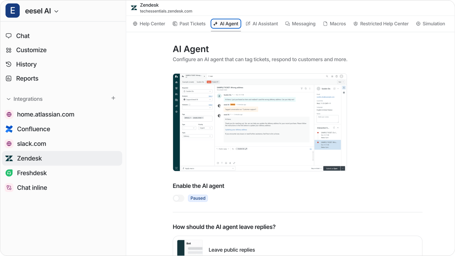 A screenshot of eesel AI's integration dashboard, specifically highlighting Zendesk and the AI Agent section, showing different settings.