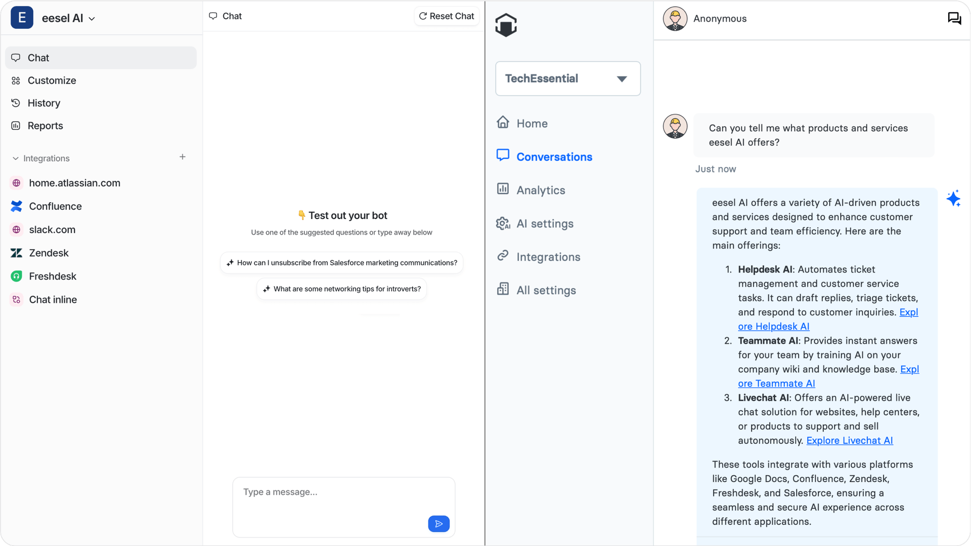 Side-by-side screenshot of eesel AI and Gleen AI dashboard