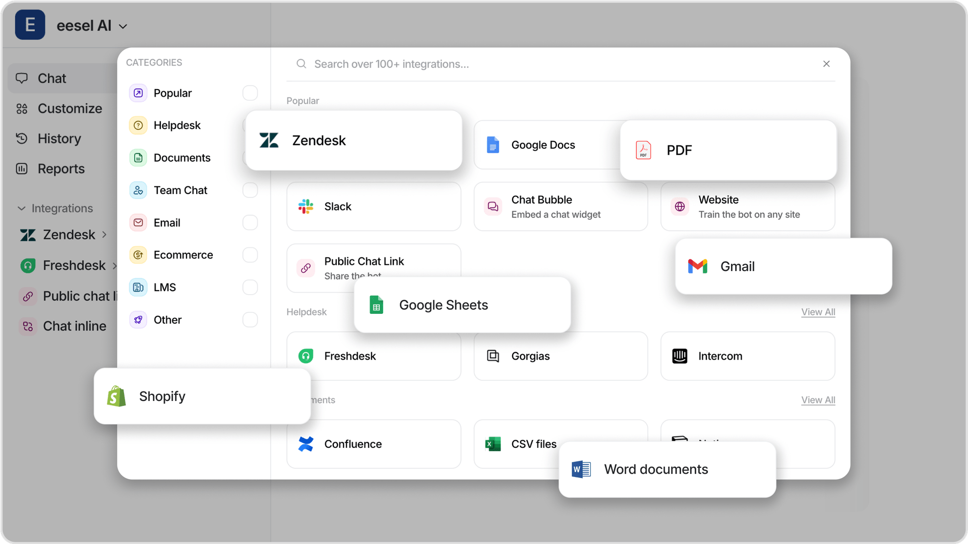 eesel AI dashboard showing different knowledge base integration options, named Google Docs, Confluence, PDF, websites, and etc.