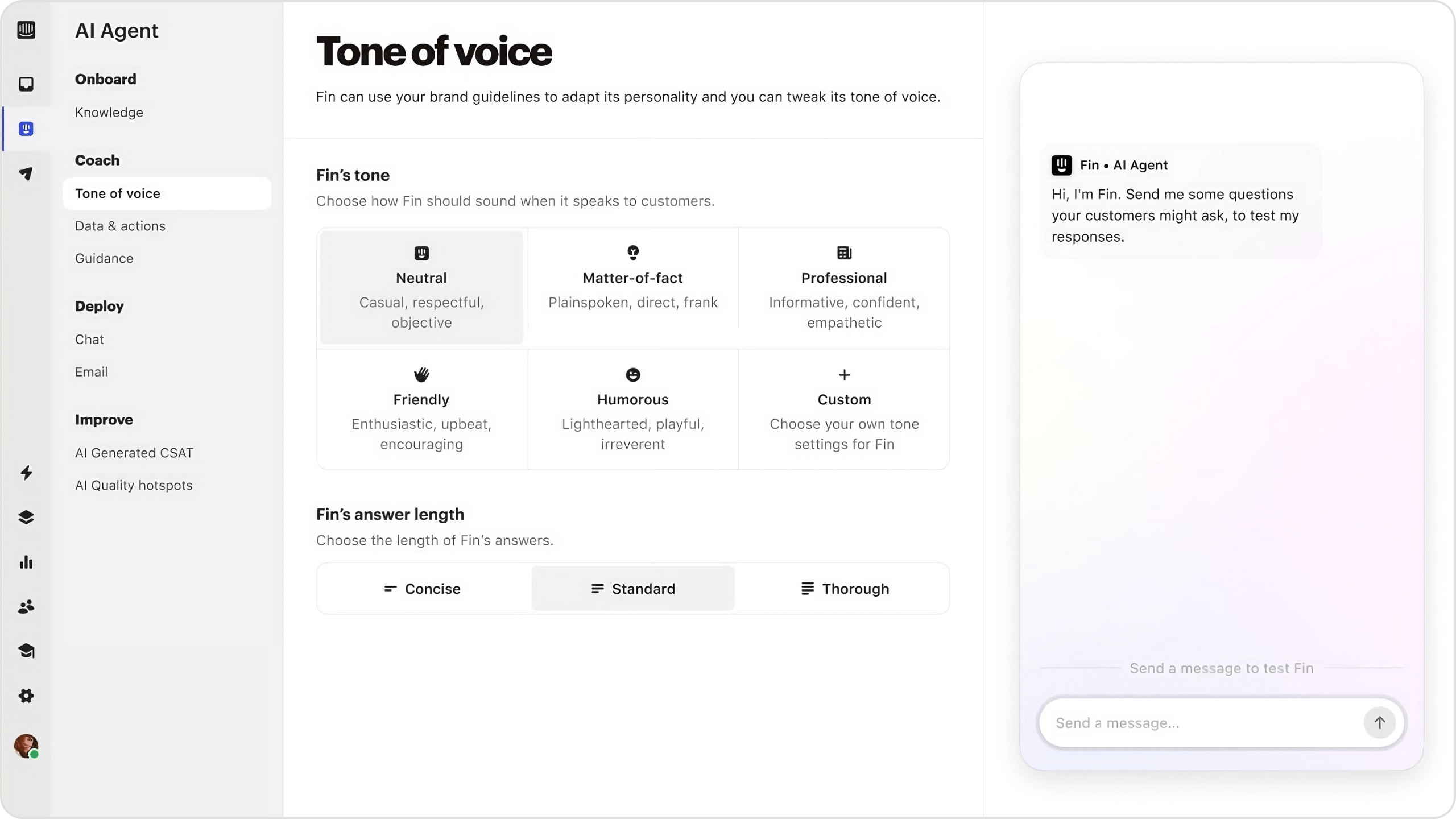 screenshot of Intercom Fin AI chatbot the settings page