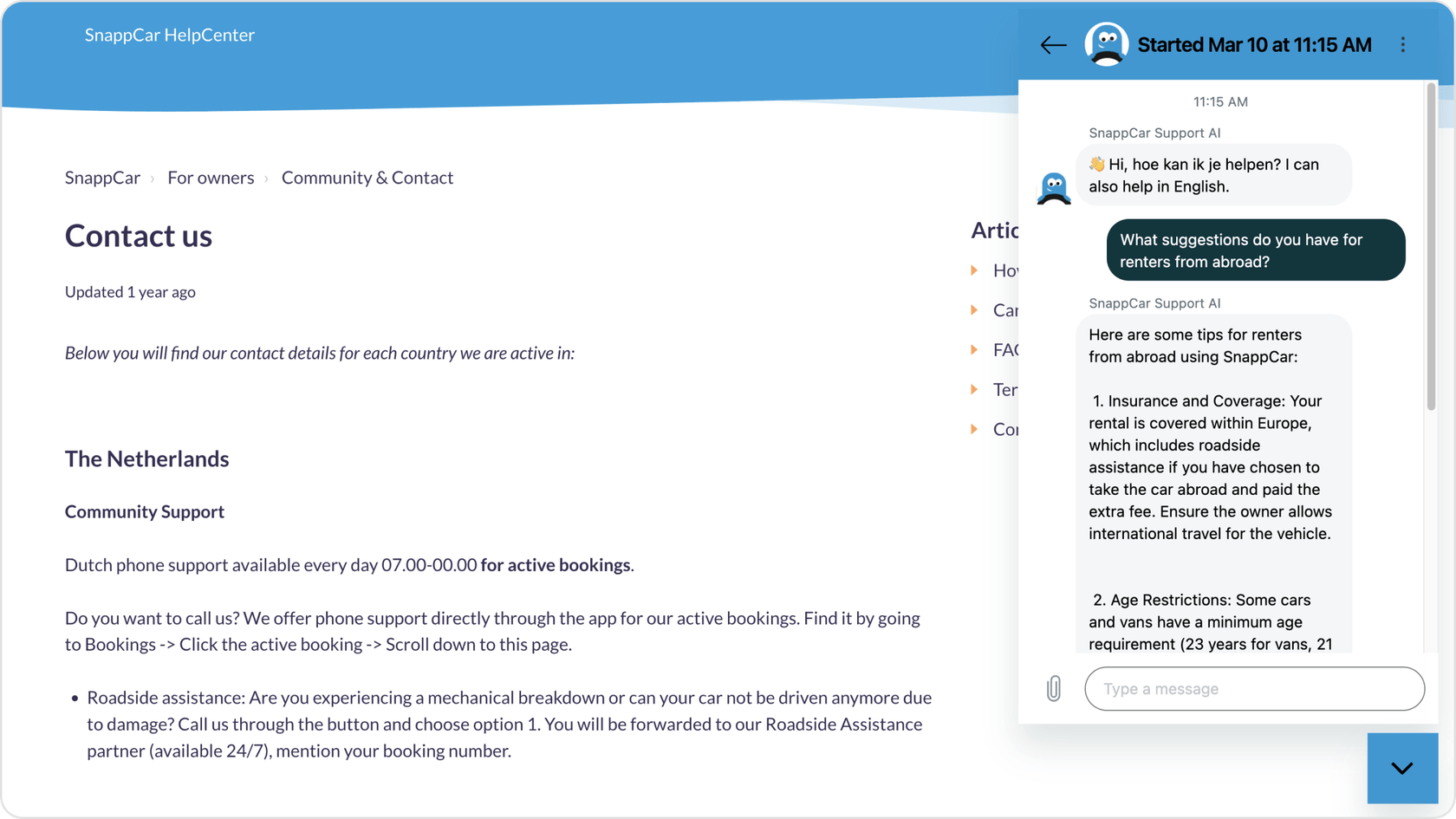 Chatbot eesel AI dans le centre d'aide de SnappCar, montrant ses capacités multilingues.