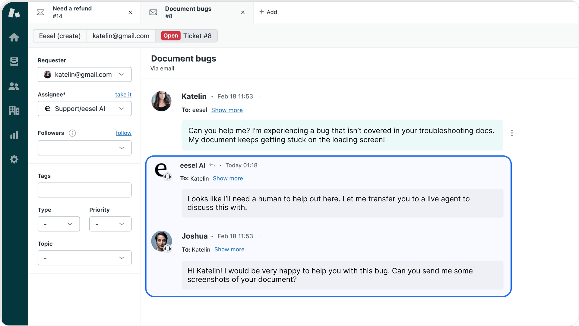 A screenshot of Zendesk escalating a ticket to a human agent.