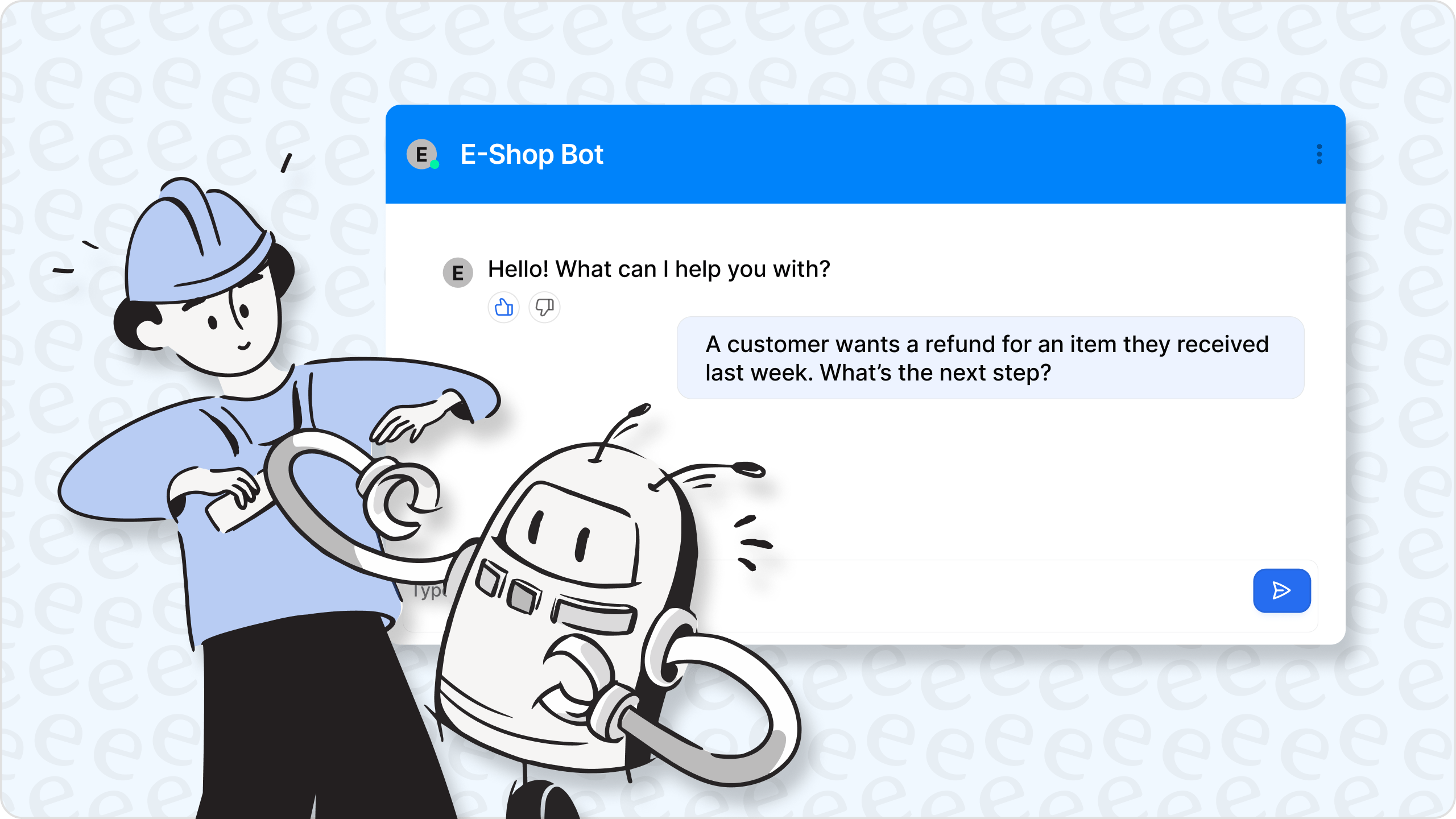 Illustration of AI e-commerce customer support with a chatbot interface, a human agent, and a robot working together on screen.