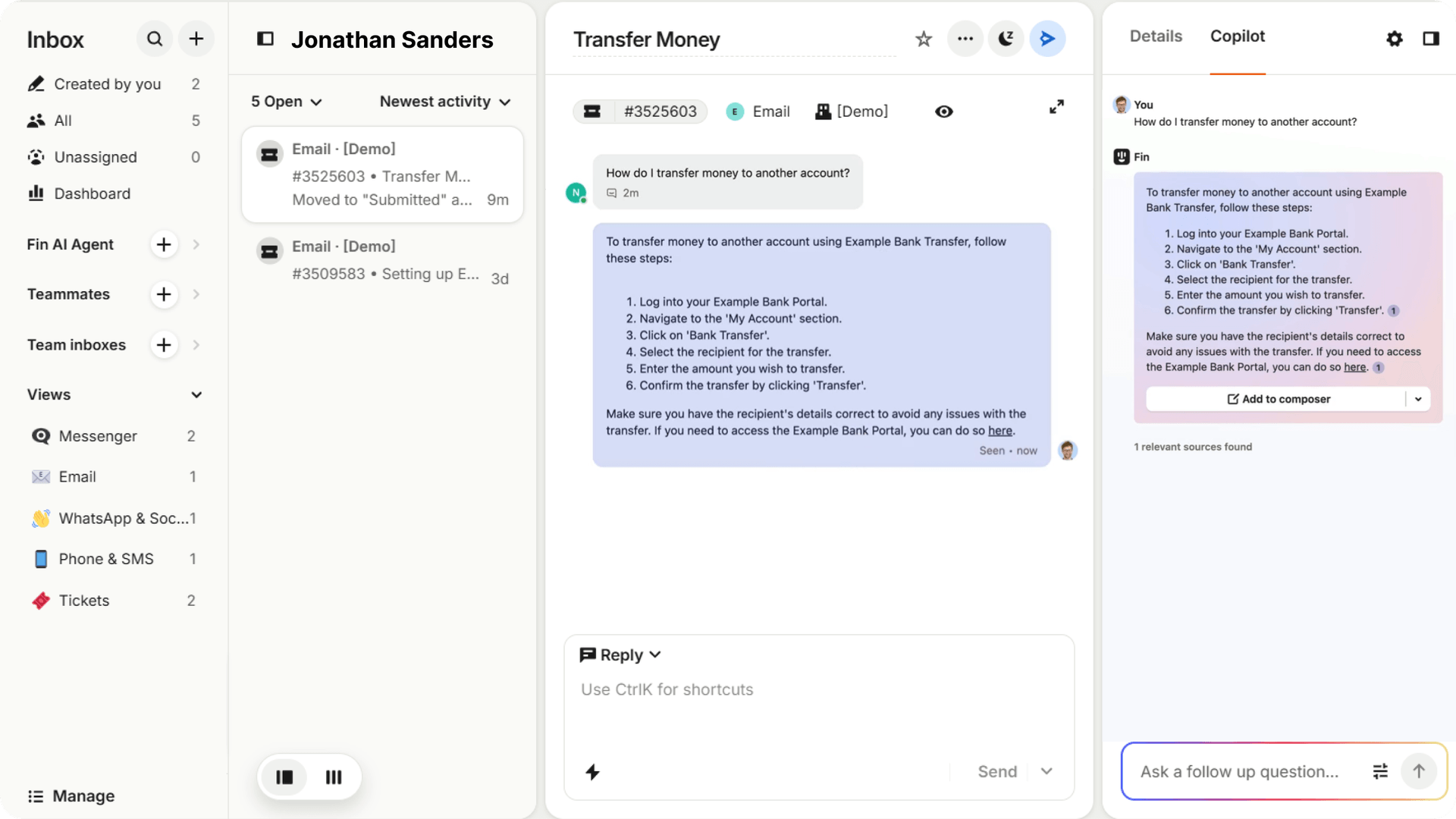 Screenshot of Intercom's Fin AI Copilot interface displaying customer query and AI-generated response draft.