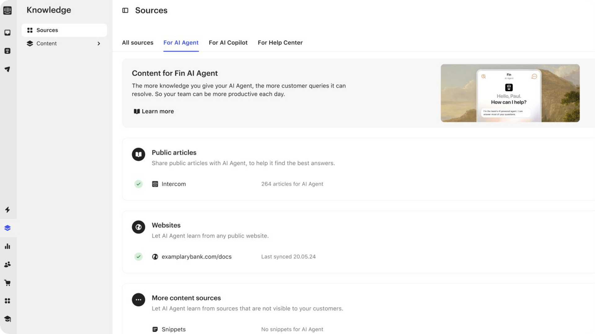A screenshot of Intercom’s Fin knowledge sources panel.