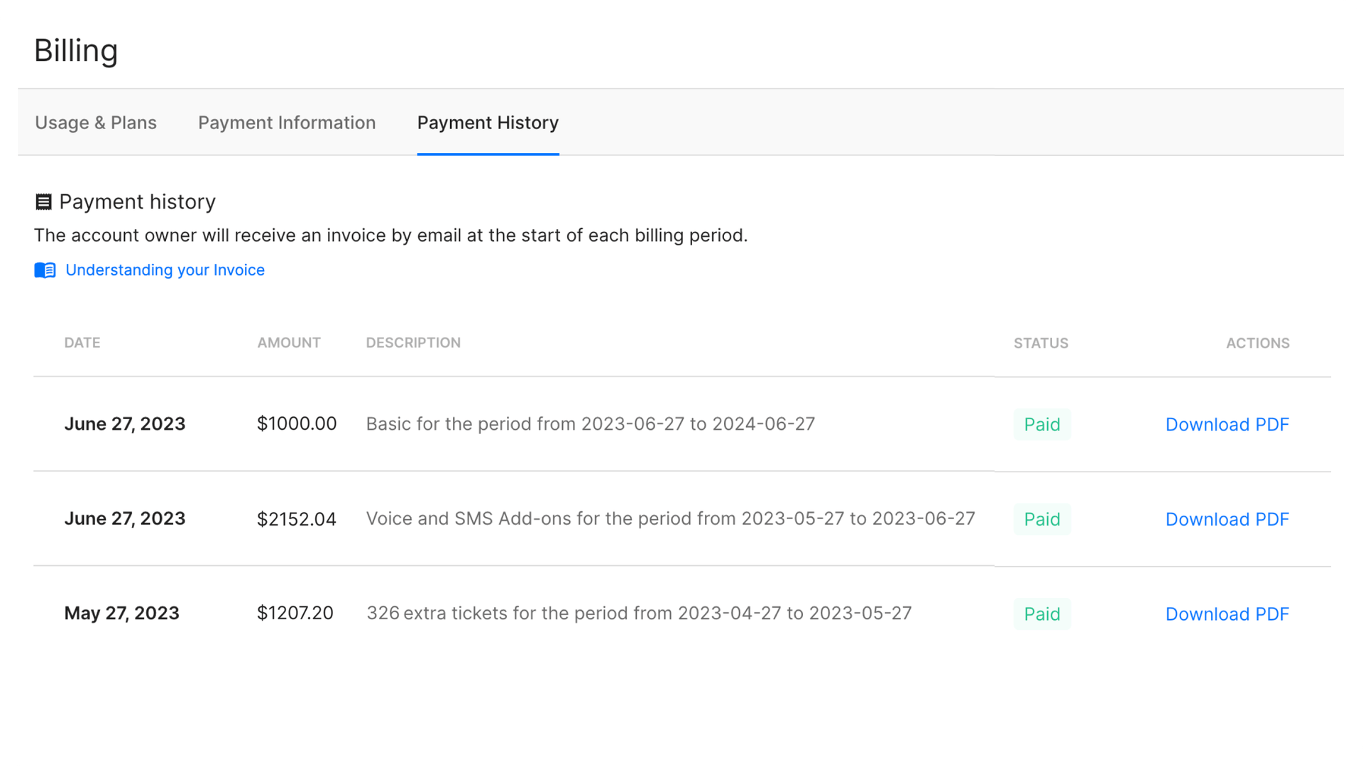 Screenshot of Gorgias billing/invoice history page