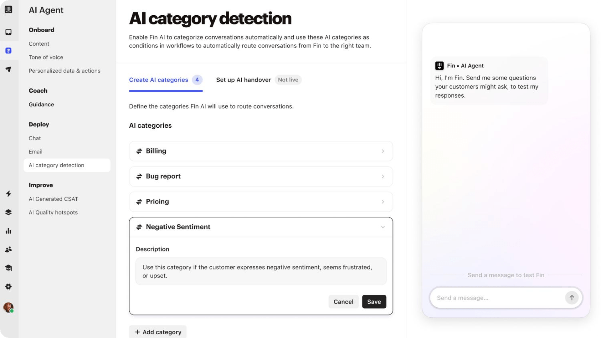 A screenshot Fin’s AI trigger settings panel called AI category page.