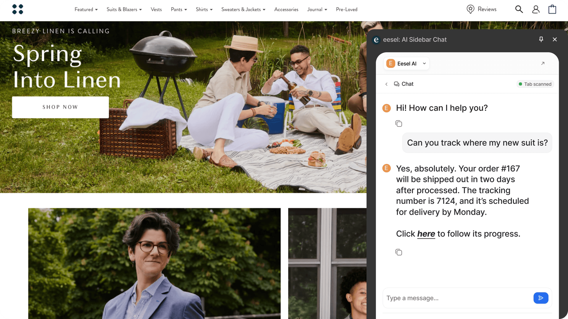 Screenshot of a website and then a chat box in the lower righthand side.