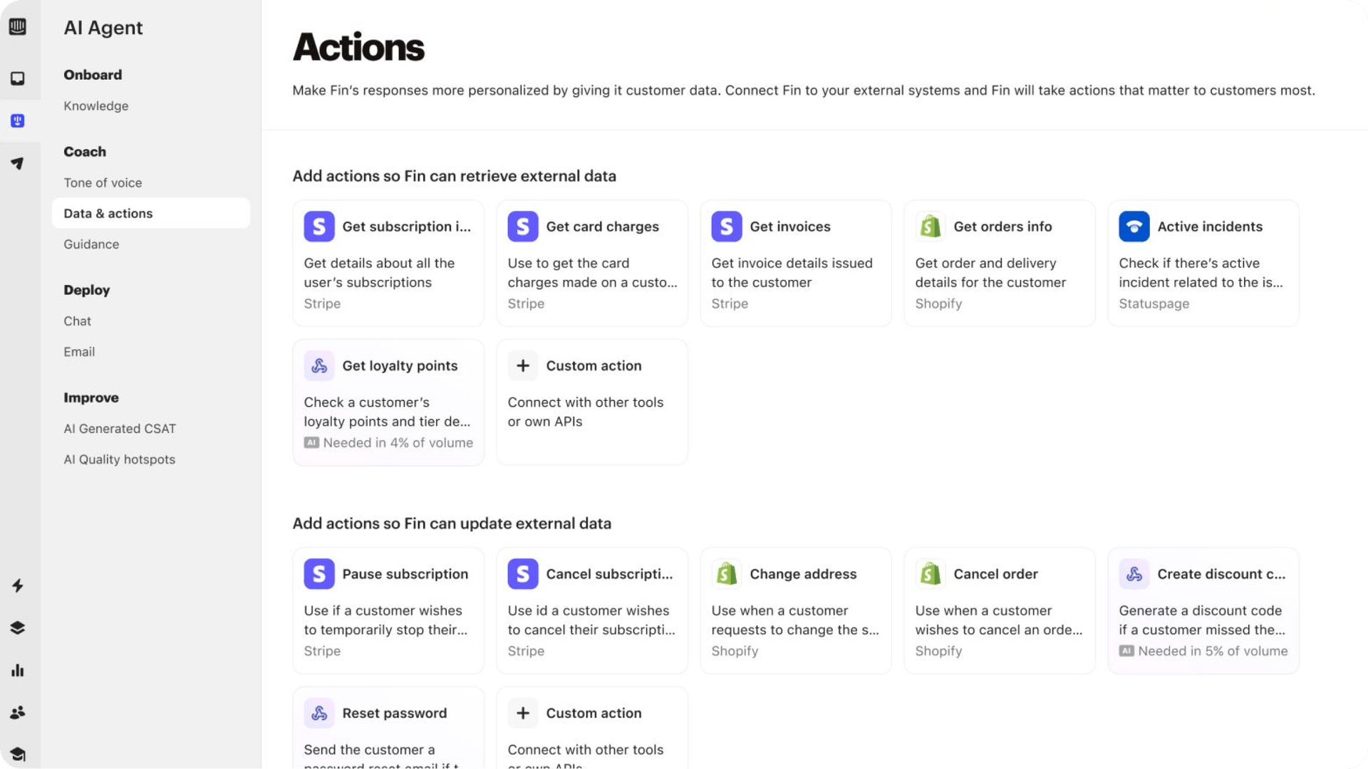 A screenshot of Fin AI Actions panel.