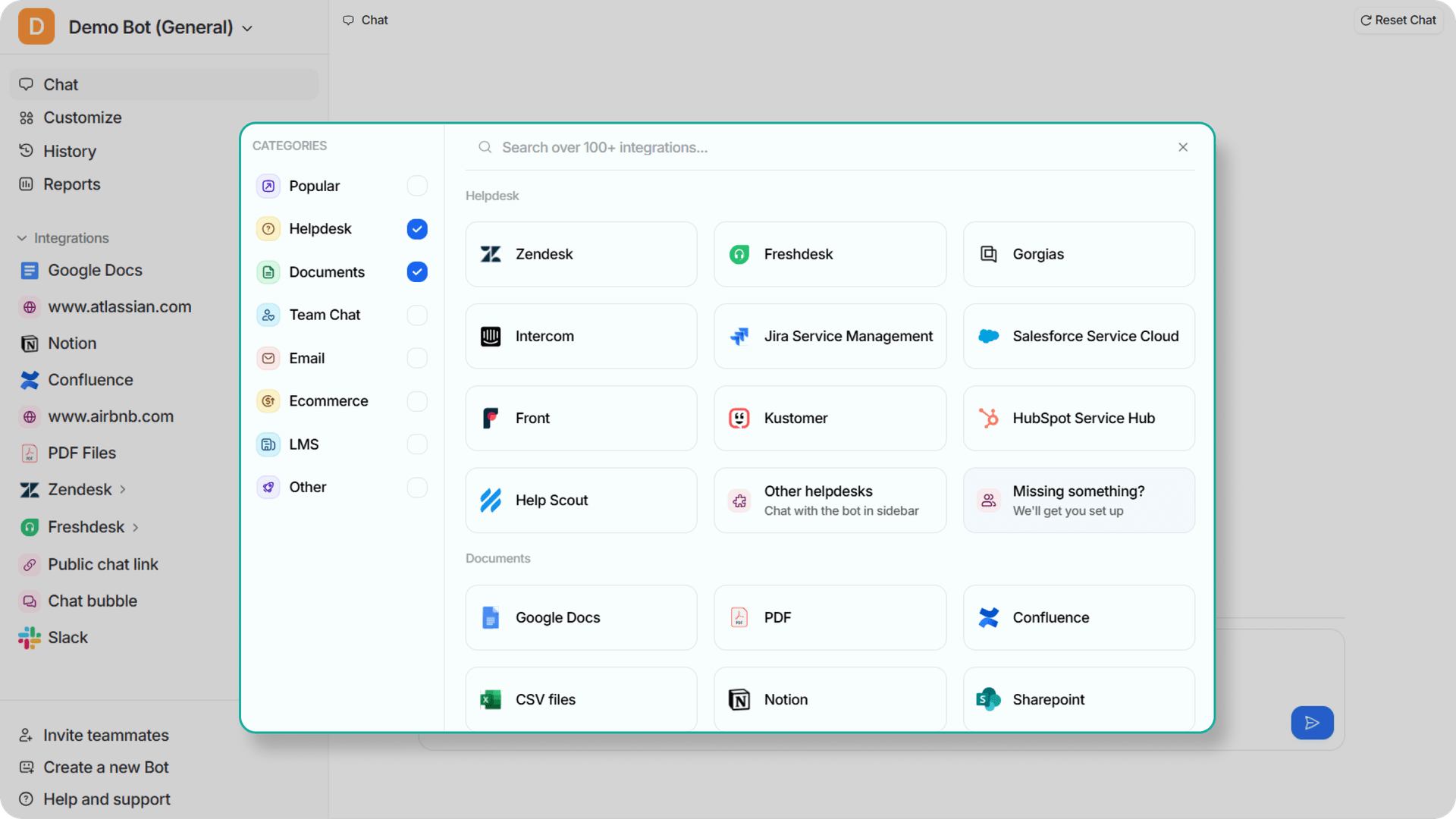 Screenshot of eesel AI knowledge integration dashboard showing connected sources like helpdesk tickets, support articles, and internal docs with status indicators