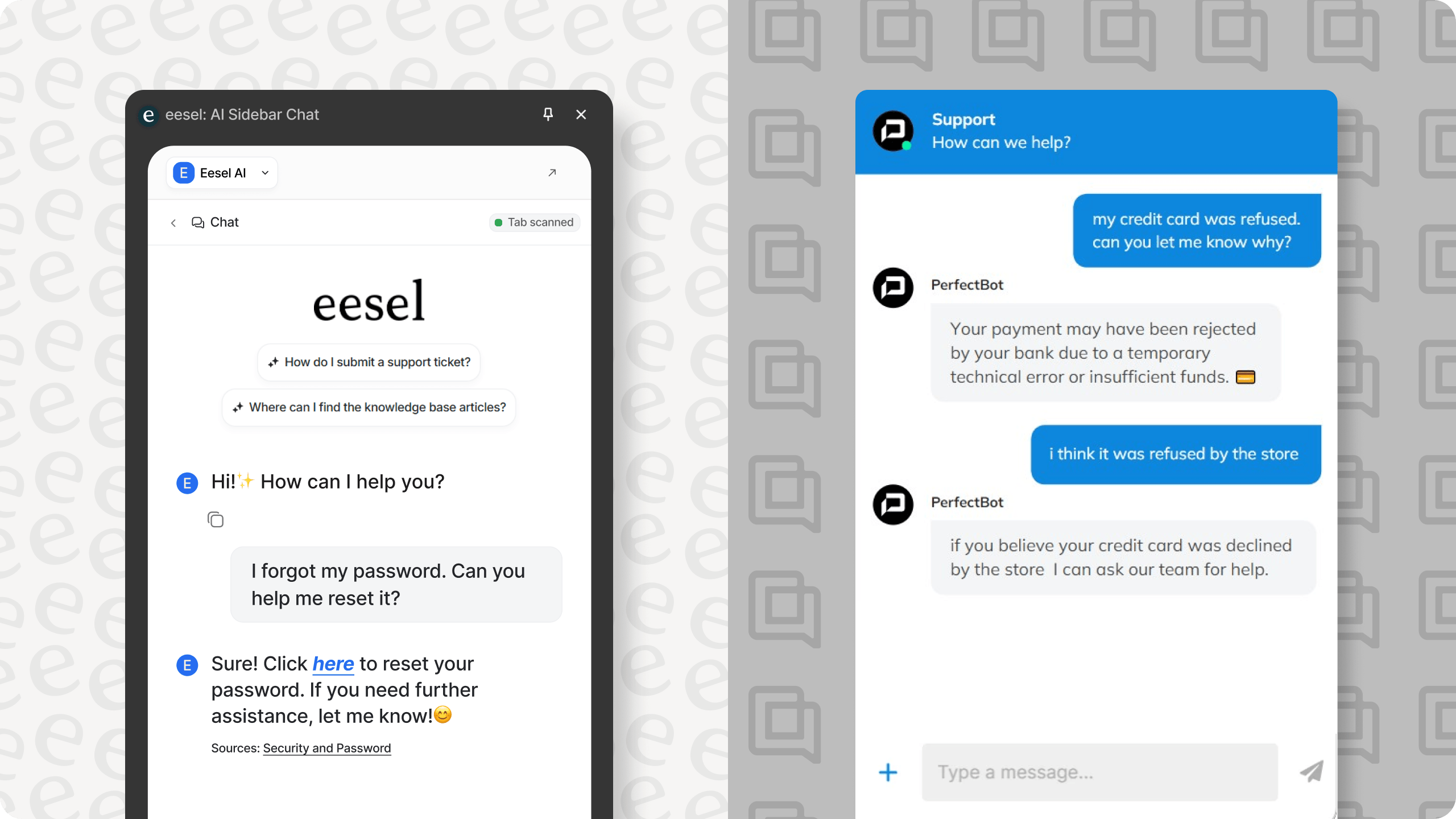 Split-screen comparison of Gorgias and eesel AI app