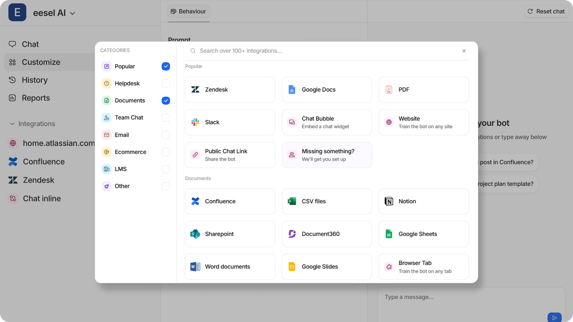A screenshot of eesel AI dashboard integration panel.