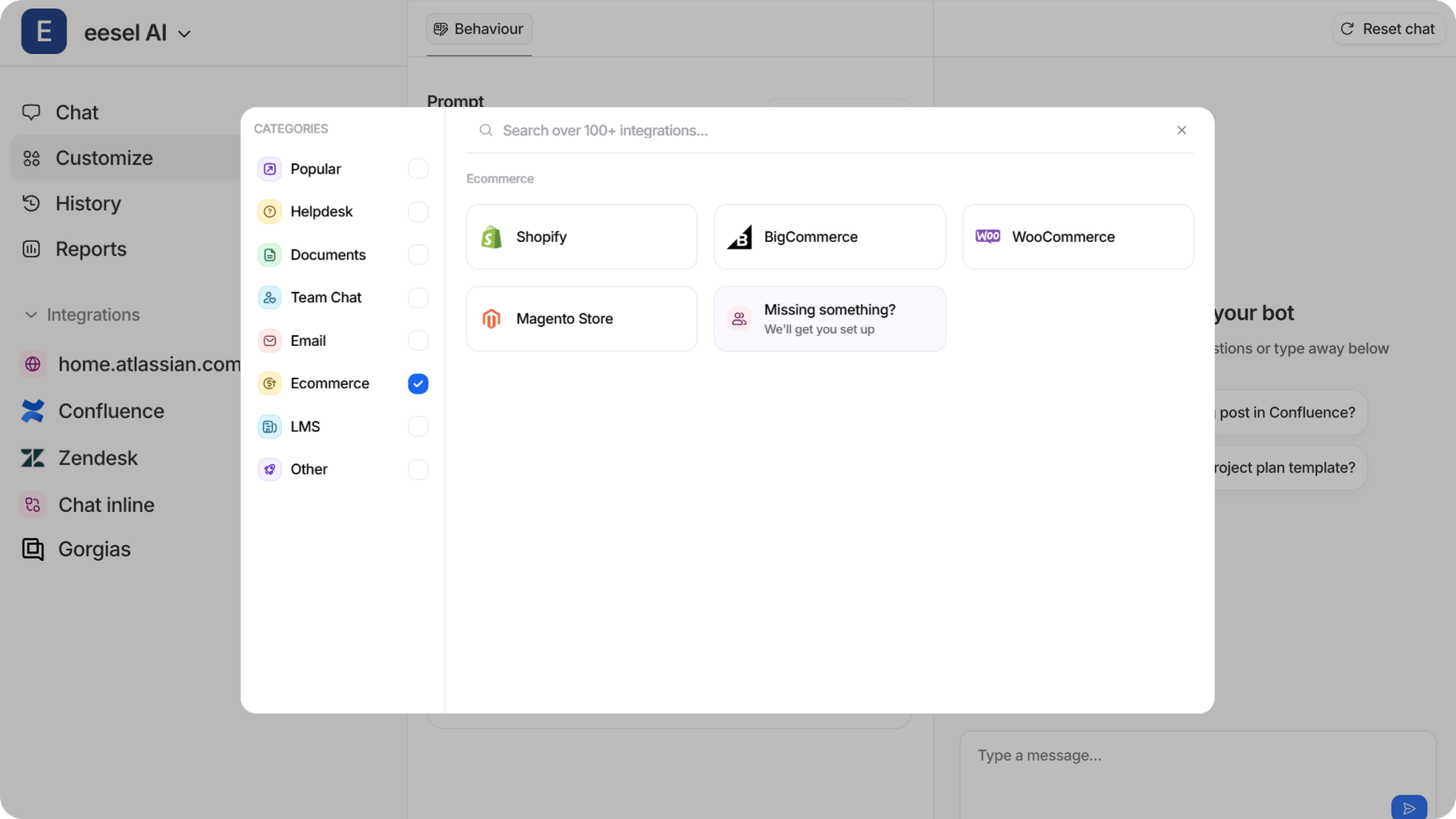 screenshot of eesel AI integration panel with ecommerce platforms shown in the panel