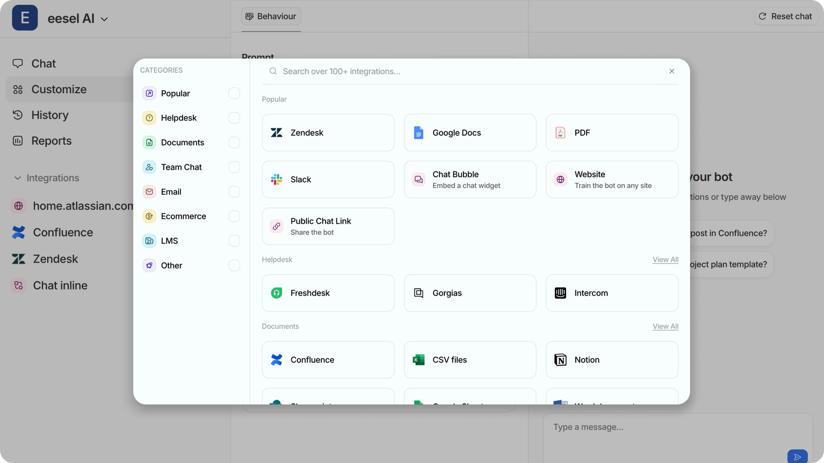 An illustration showing how eesel AI connects to various knowledge sources to enhance the capabilities of models like GPT 5.3 Codex vs Gemini 3 Pro.