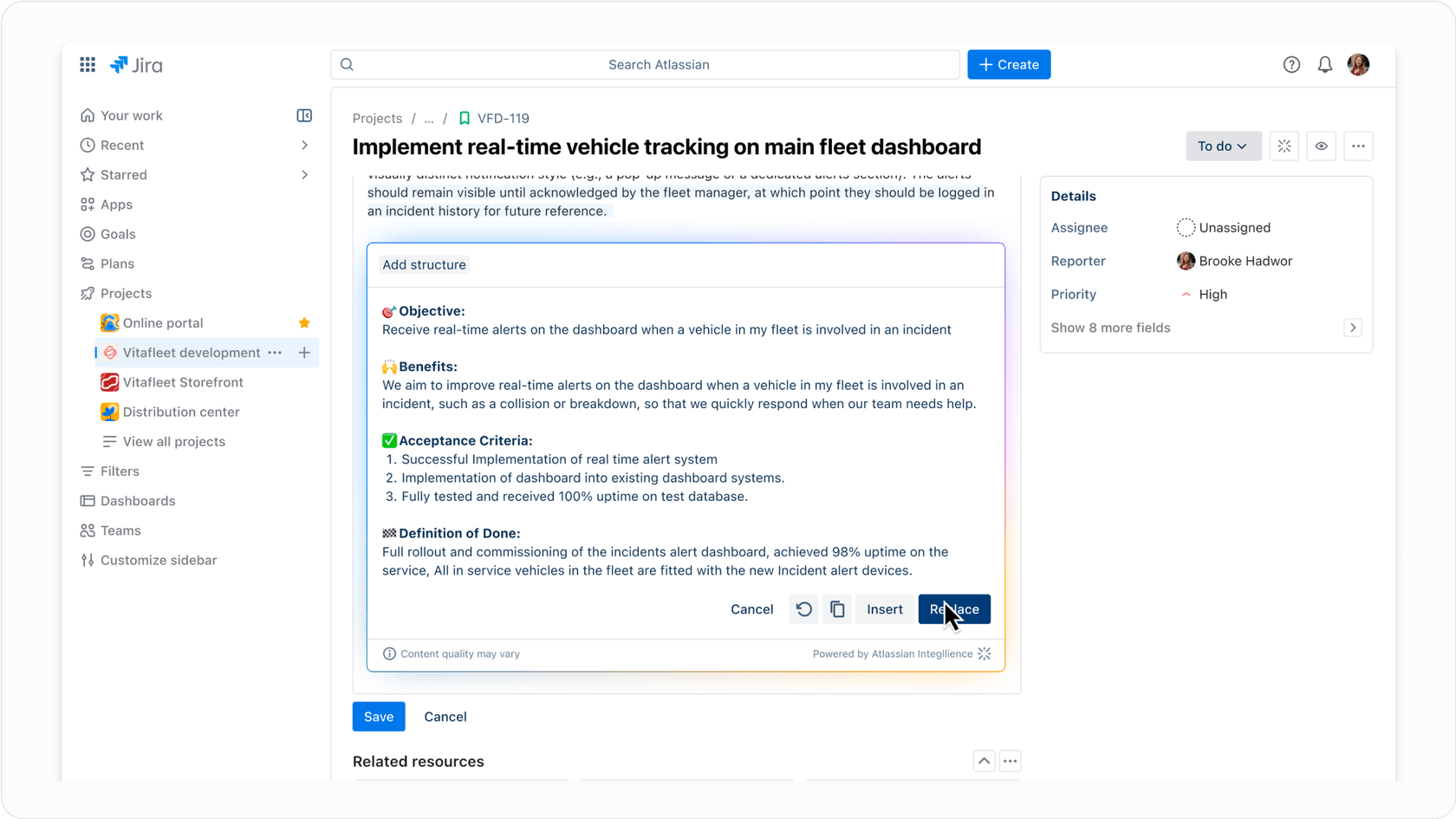 Atlassian Intelligence icon in Jira interface indicating available AI features.