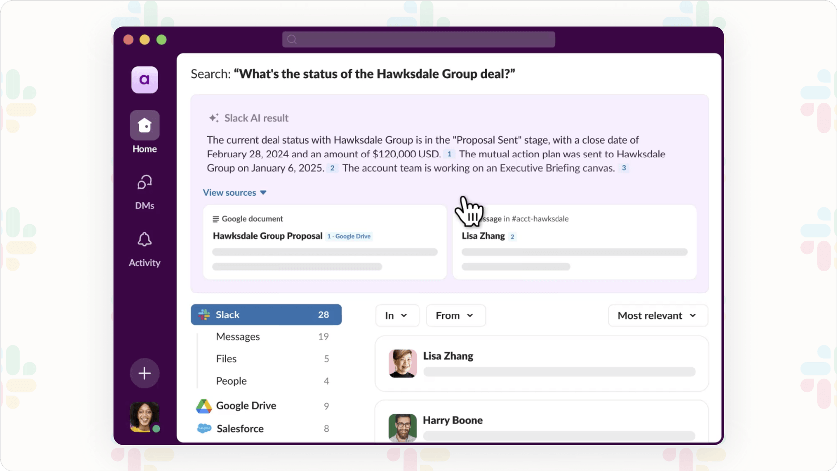 Slack AI search results displaying a natural language query answer with source citations.