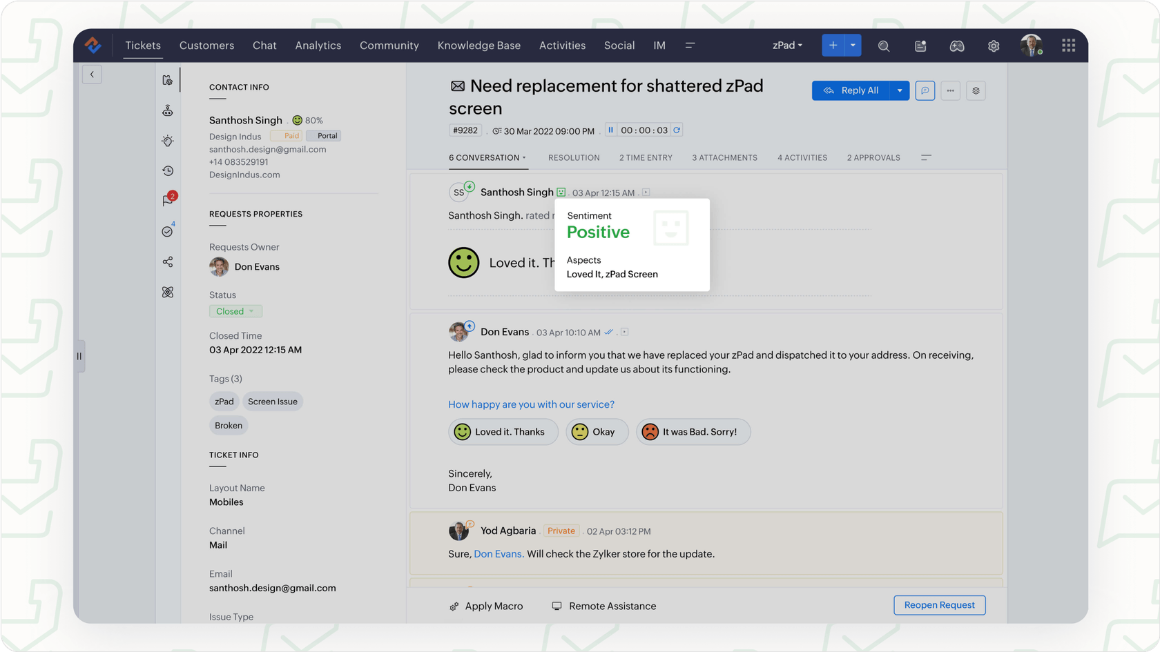 Zoho Desk's Zia AI providing sentiment analysis on a customer ticket to help agents understand the customer's mood.