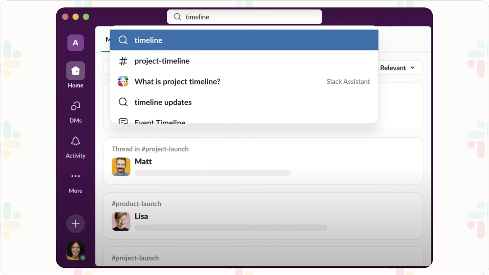 Búsqueda de Slack mostrando canales o mensajes sugeridos.