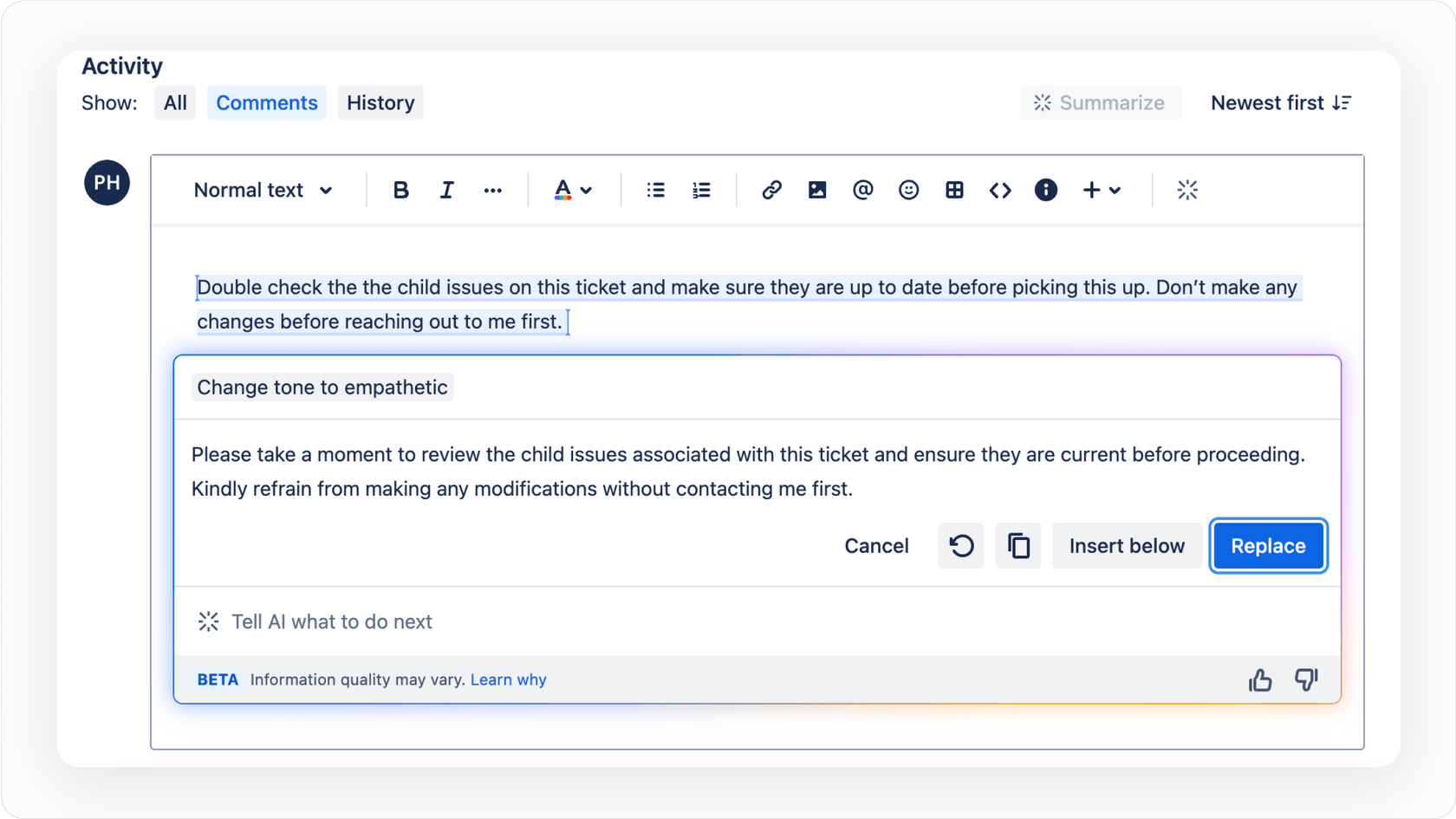 Jira issue editor with generative AI feature icon or command menu open.