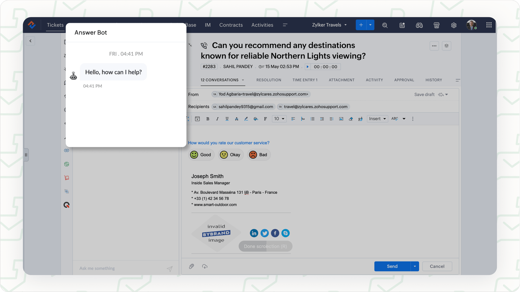 A screenshot of the Zoho Desk Zia Answer Bot in action, providing automated responses to customer queries.