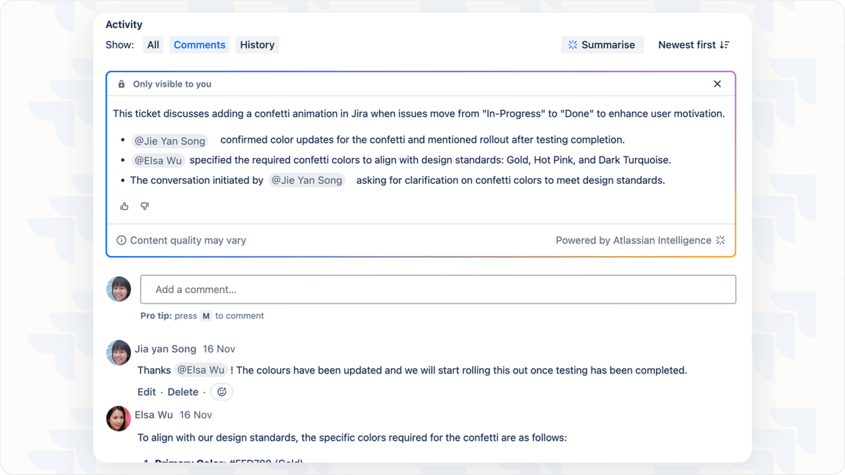 Jira Service Management AI summarizing an issue.
