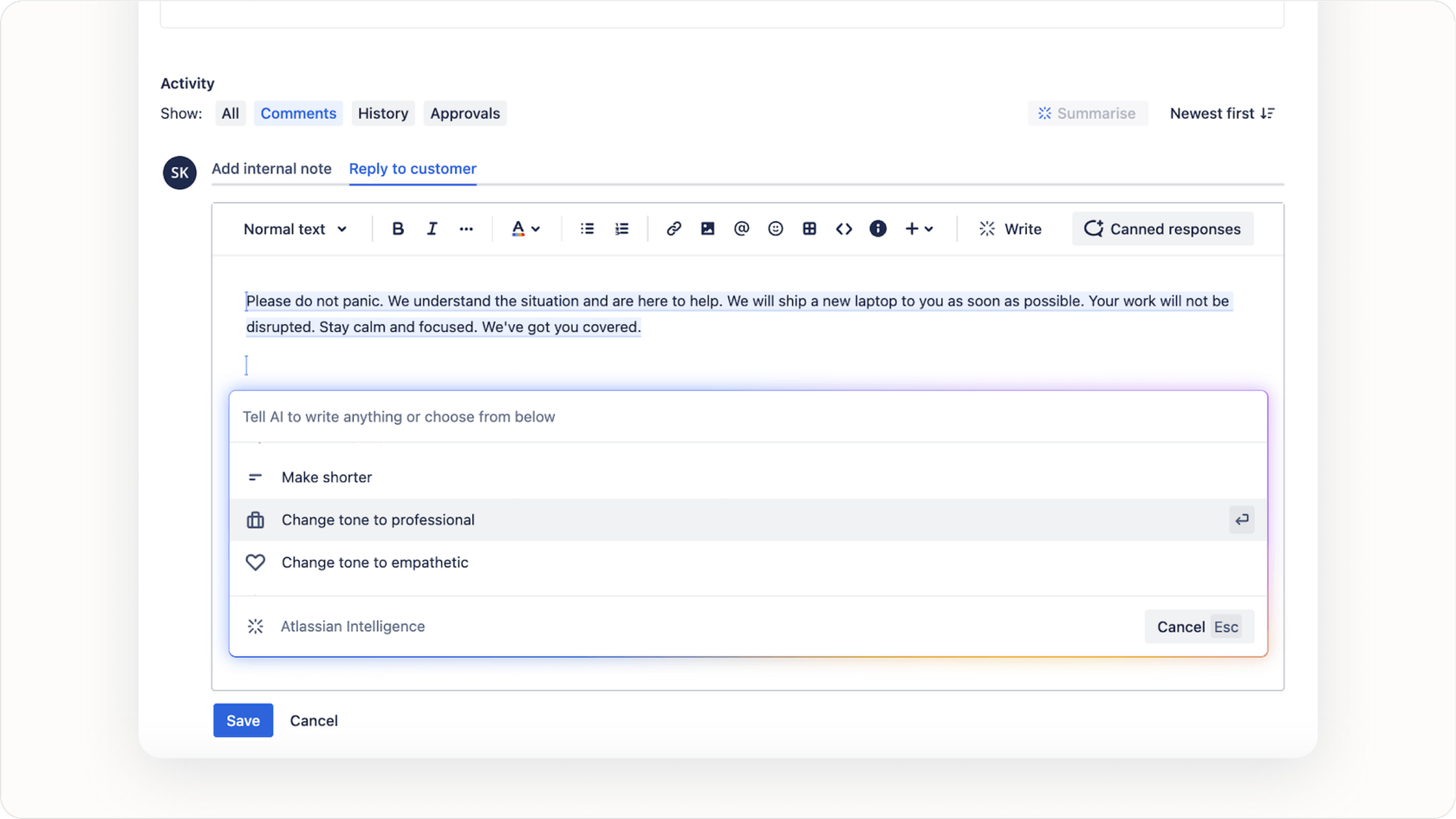 Generating and transforming content with AI in Jira Service Management editor.